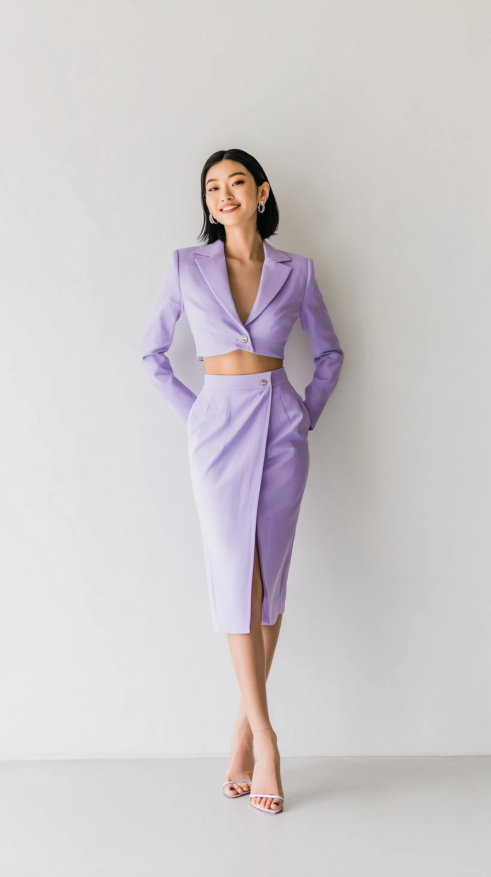 Asian influencer wearing a chic purple lavender co-ord set against a minimalist white studio background.