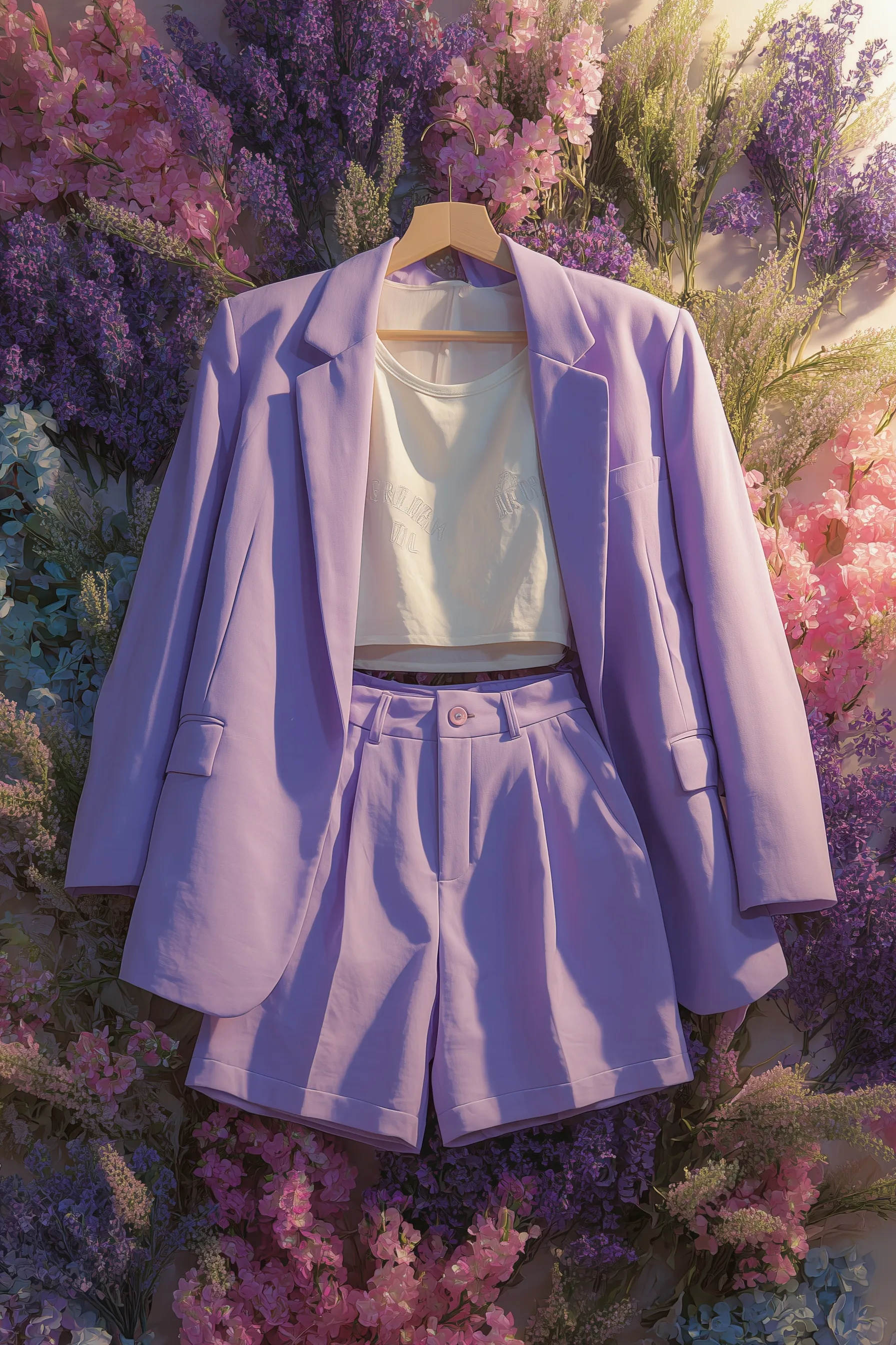 Lavender co ord set featuring an oversized blazer and high-waisted shorts styled with a white printed crop top.