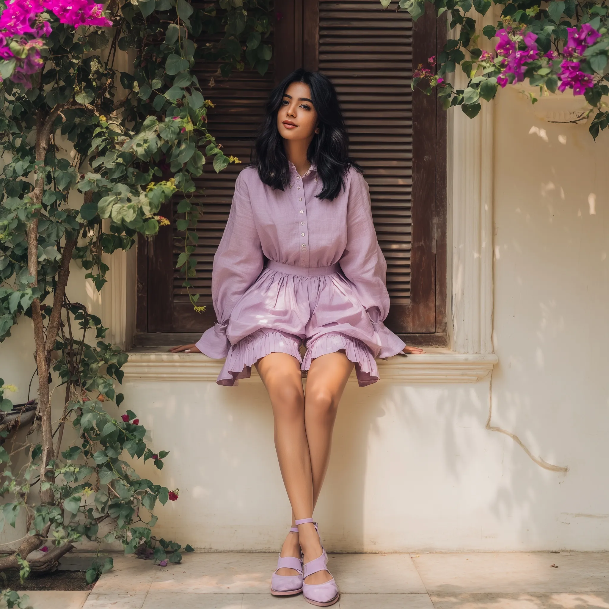 A stylish Indian Gen-Alpha girl wearing a lilac cotton linen short kurta co-ord set in a lifestyle photoshoot.
