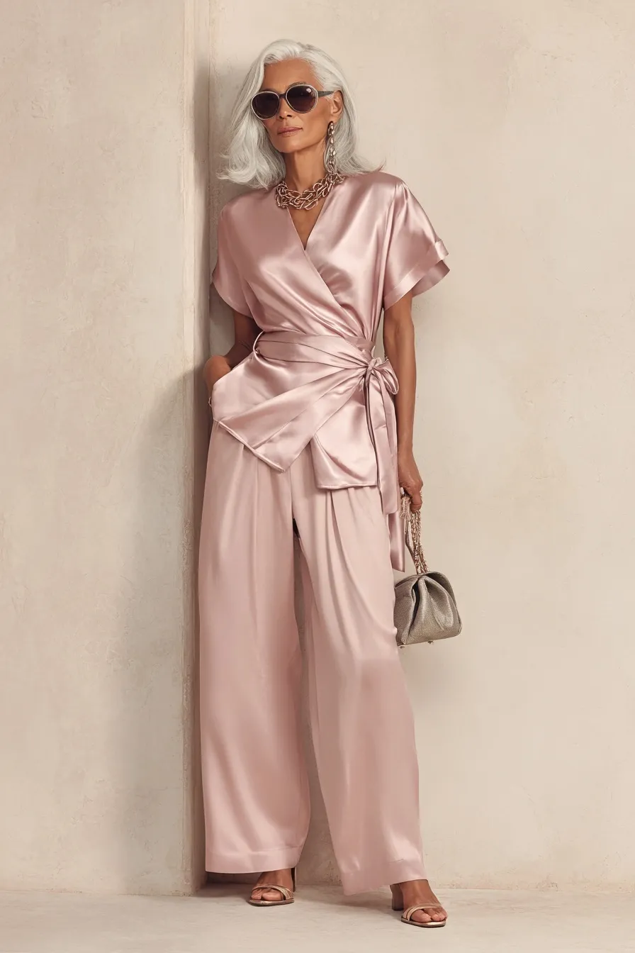 Mature woman with silver hair wearing a lavender satin co-ord set and wide-leg trousers against a neutral wall.