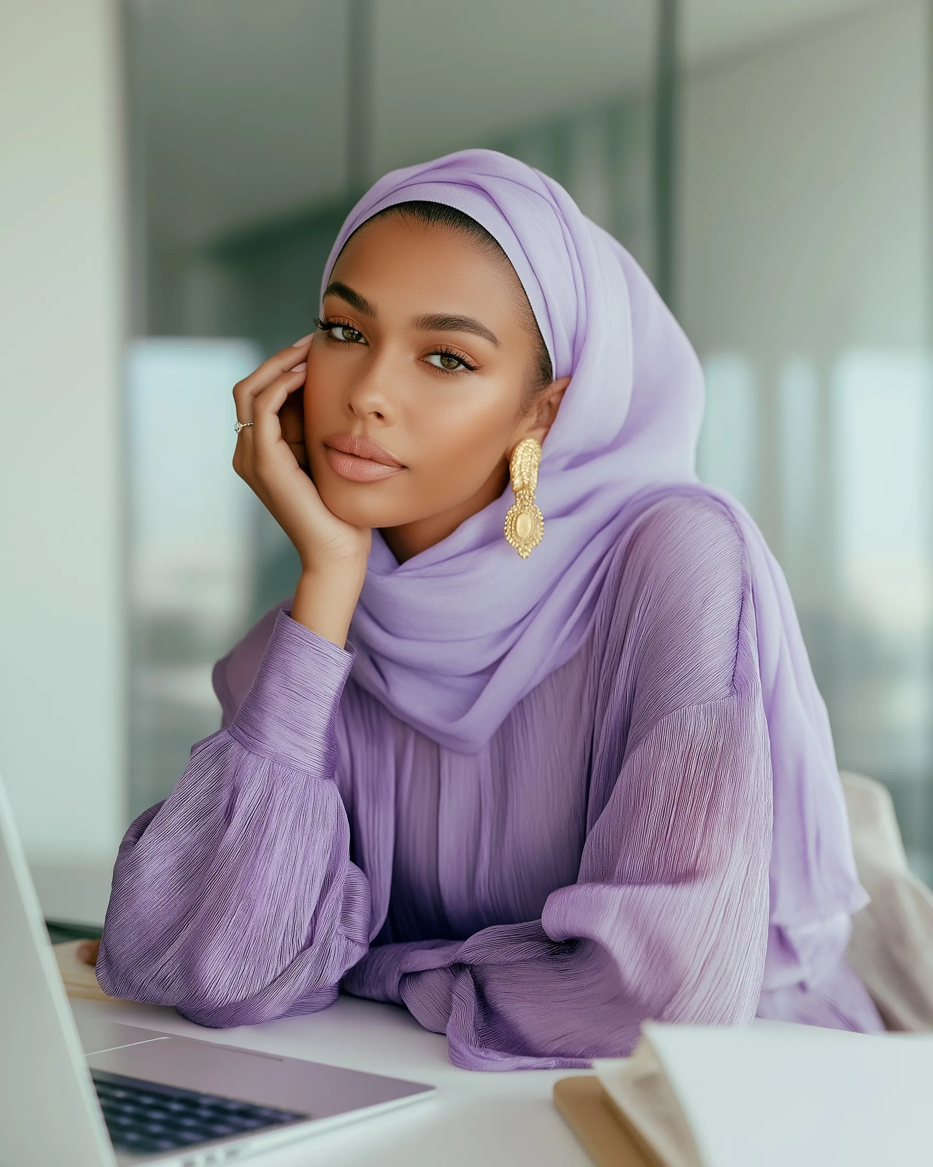 A stylish Black woman in a lavender co ord set and hijab working at a modern office desk with a vision board.