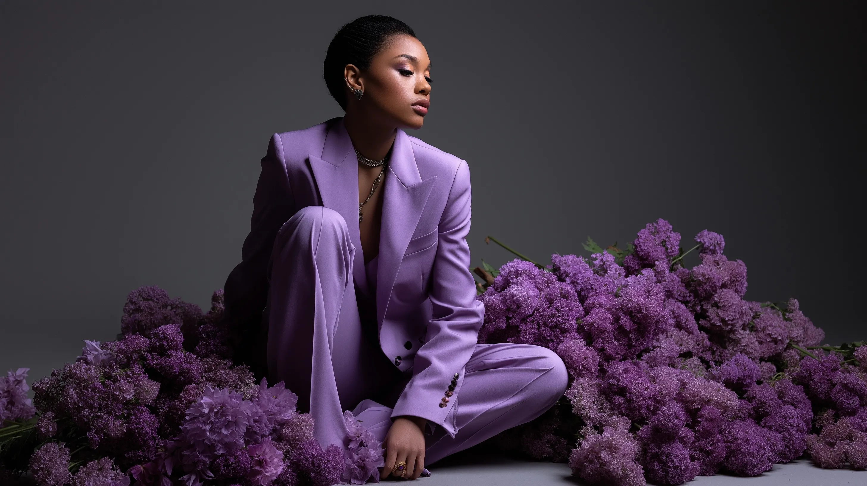 A female model wearing a lavender co-ord set with purple flower personification under professional studio lighting.