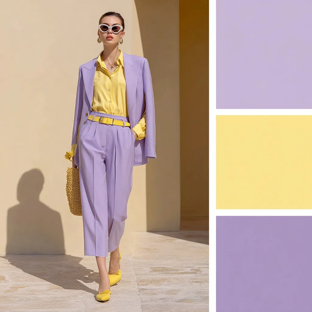 A model wearing a light purple and yellow lavender co-ord set in a bright, low-saturation outdoor setting.