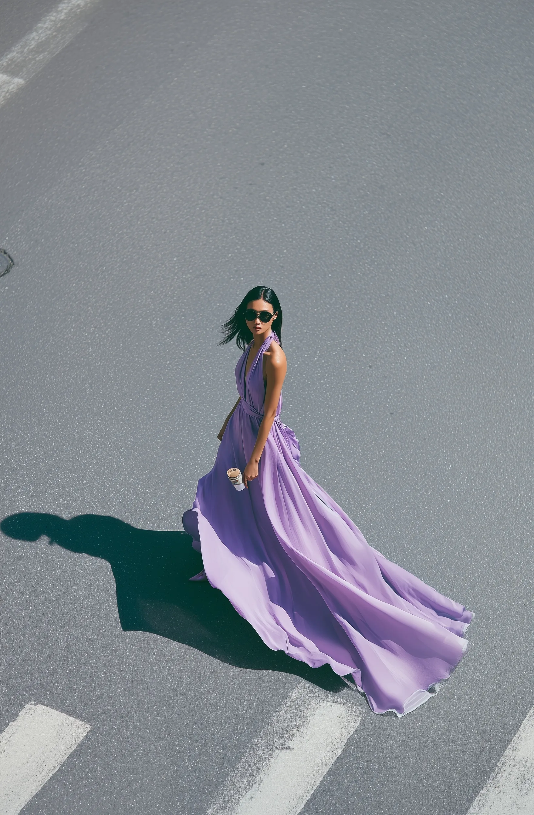 Asian model in a long lavender co-ord dress with a 20ft train walking across a city street, aerial cinematic view.