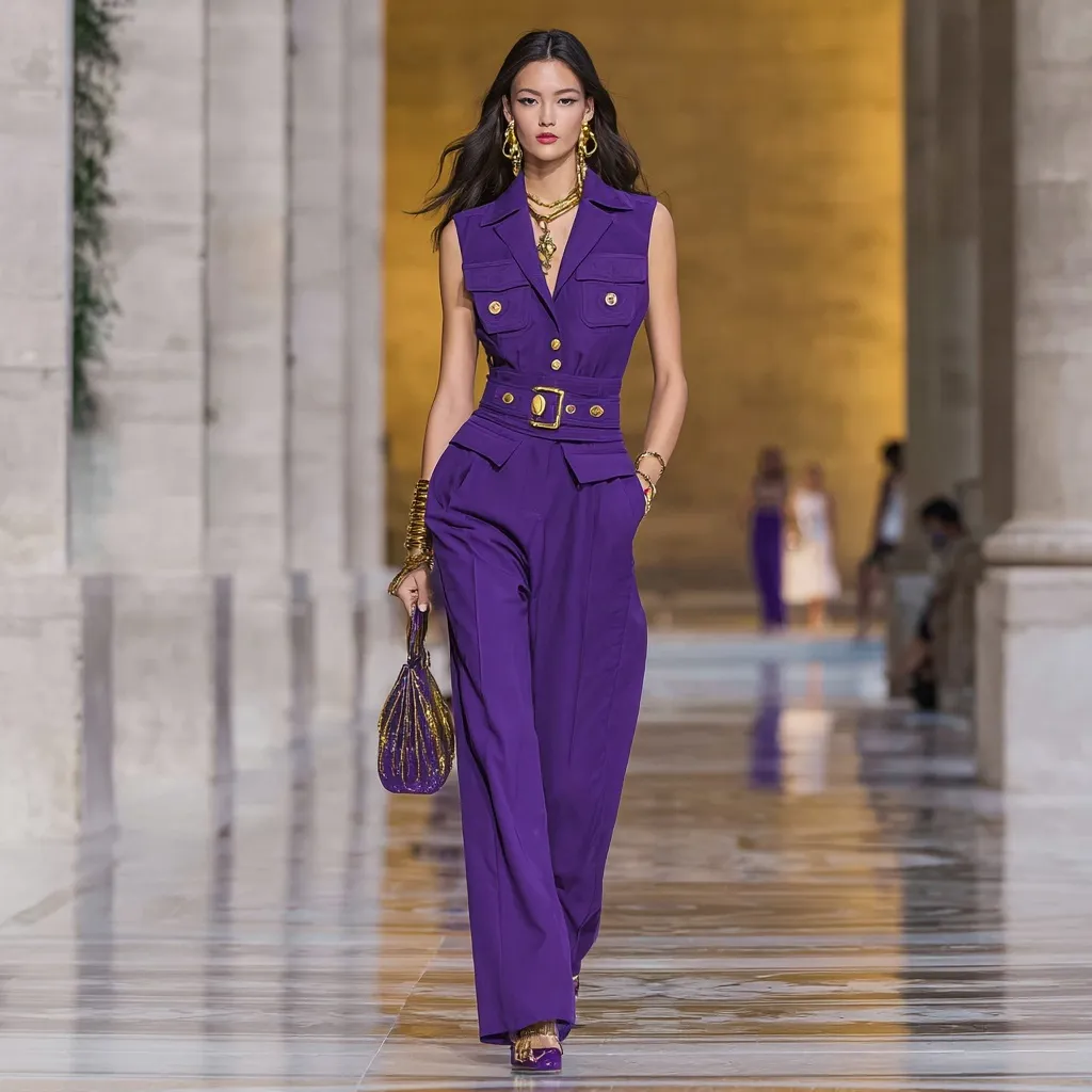 A model wearing a purple sleeveless wide-leg jumpsuit with a belt and heels on a fashion runway.