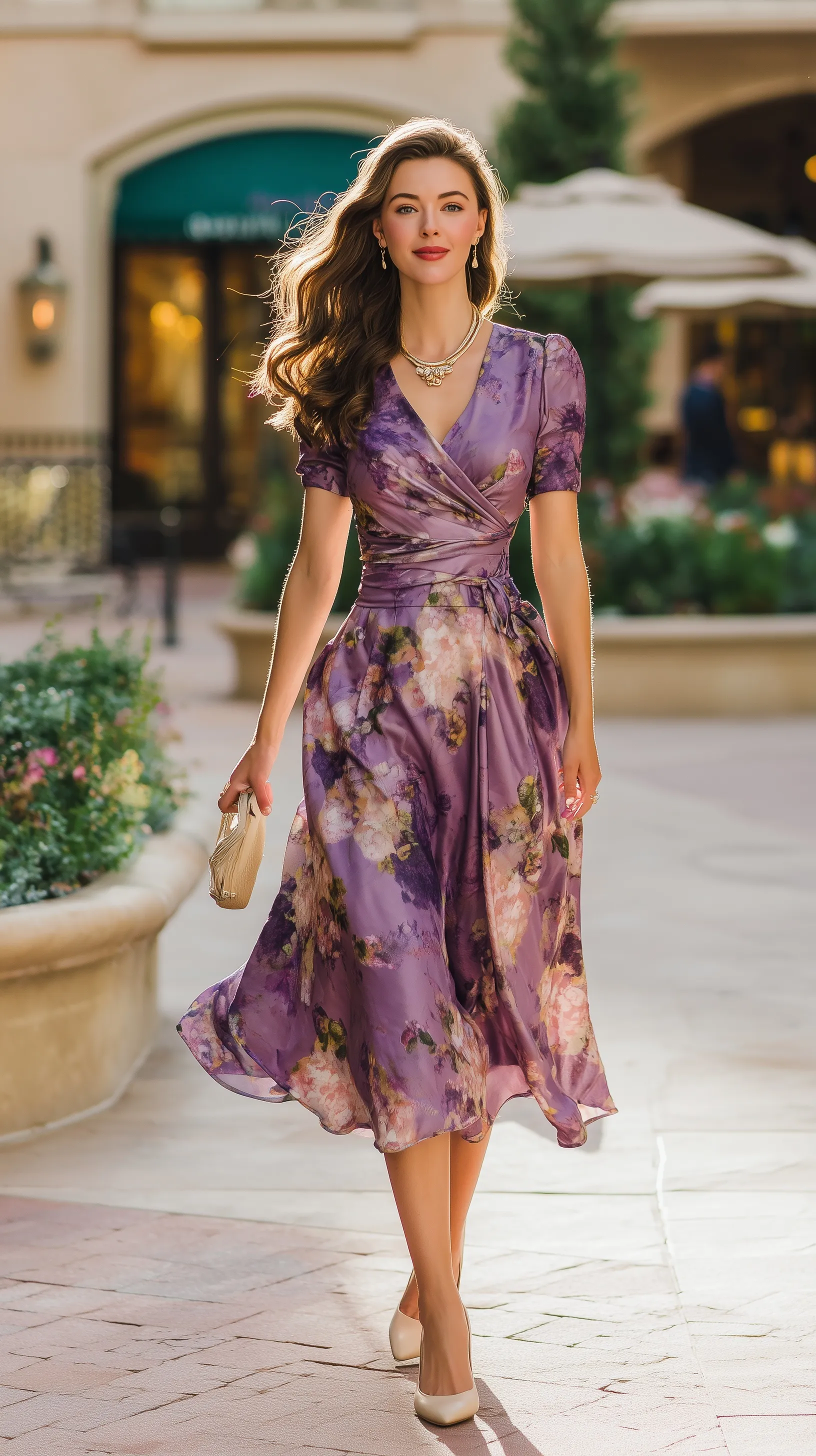 Fashionable woman walking in a sunlit garden wearing a stylish lavender floral silk midi co ord set.