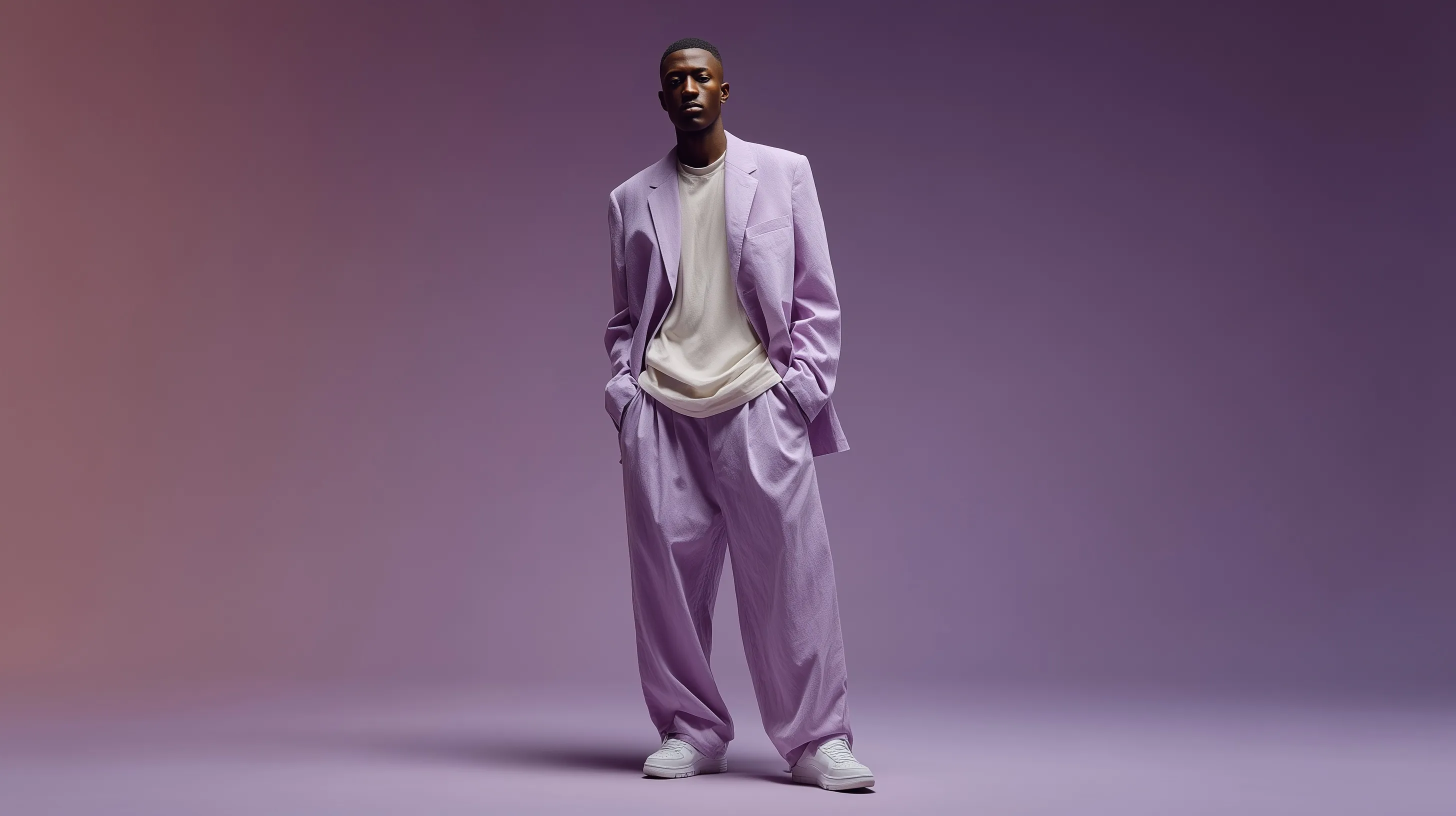 A young Black man modeling a stylish pastel lavender co-ord set with a blazer and wide-leg trousers.