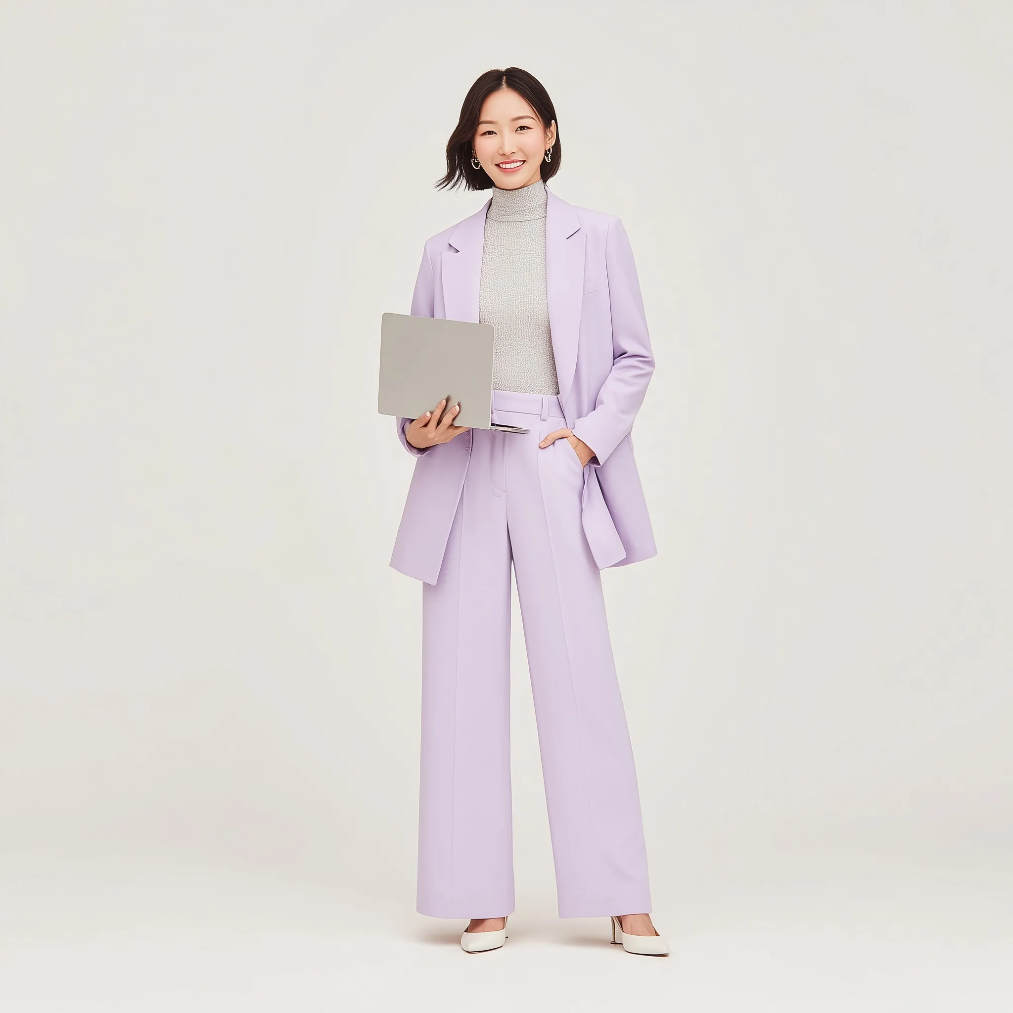 Asian woman in a pastel purple lavender co-ord set holding a laptop, studio shot with a minimalist white background.
