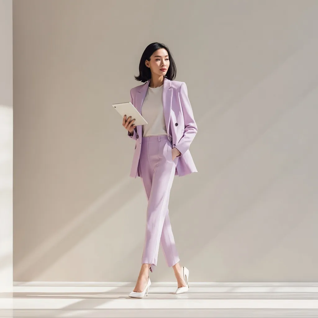 Asian businesswoman in a lavender co-ord suit holding an iPad and walking in a professional studio setting.