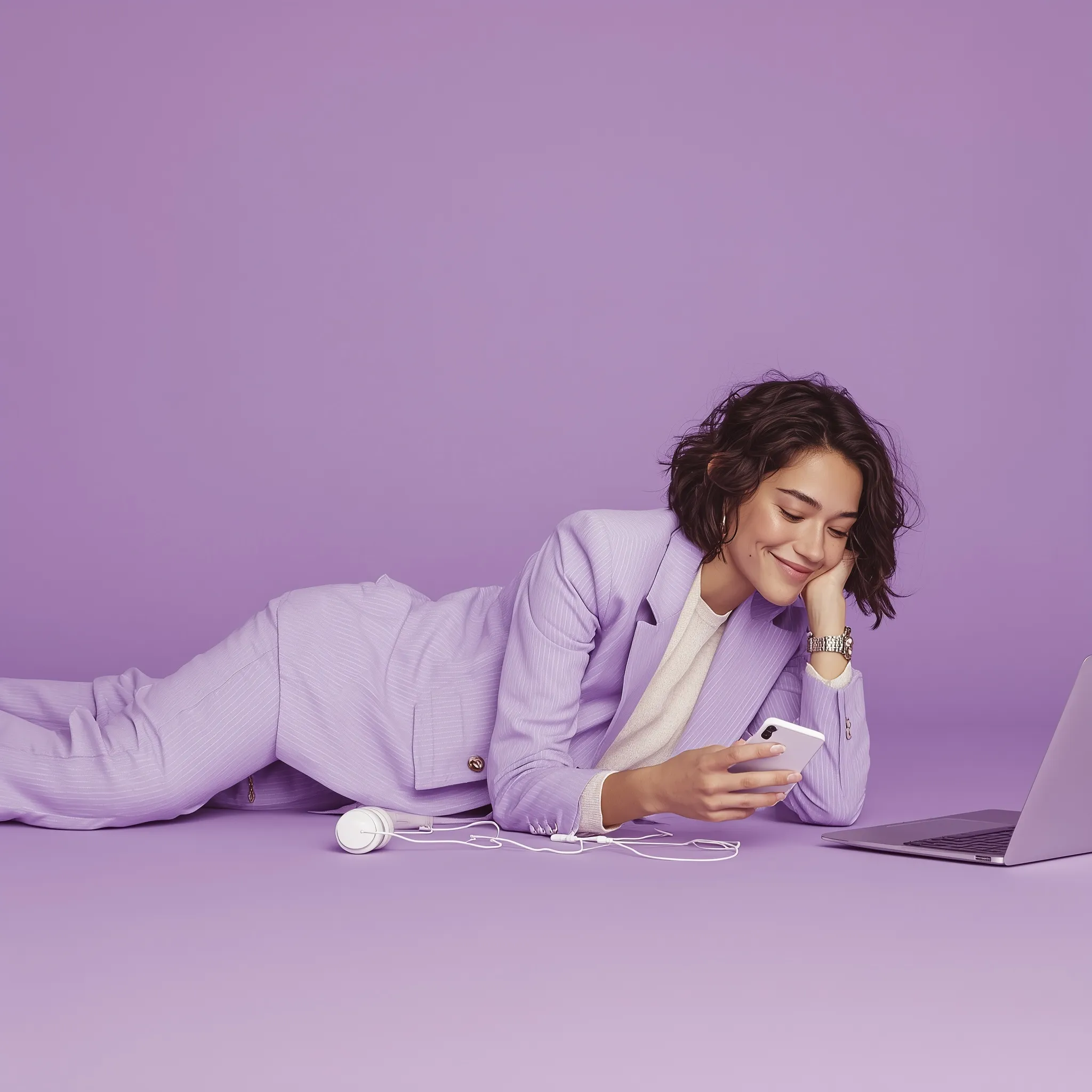 A young woman in a lavender co-ord blazer set relaxing on a purple backdrop while using her smartphone.