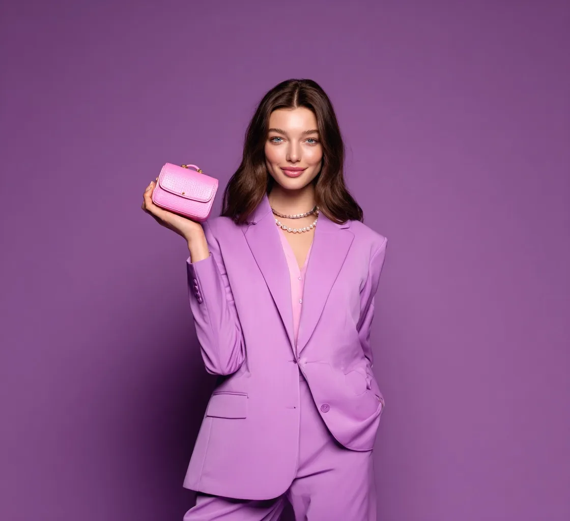 A smiling woman in a stylish lavender co-ord suit holding a pink mini-handbag against a purple background.