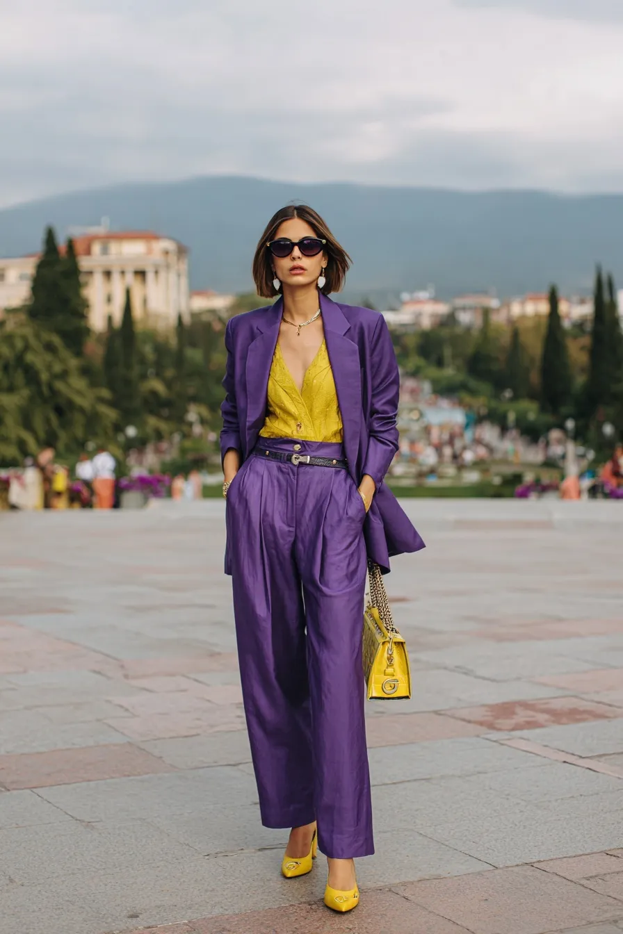 Fashionista in a lavender co-ord set with yellow heels walking through Sofia streets, street style photography.