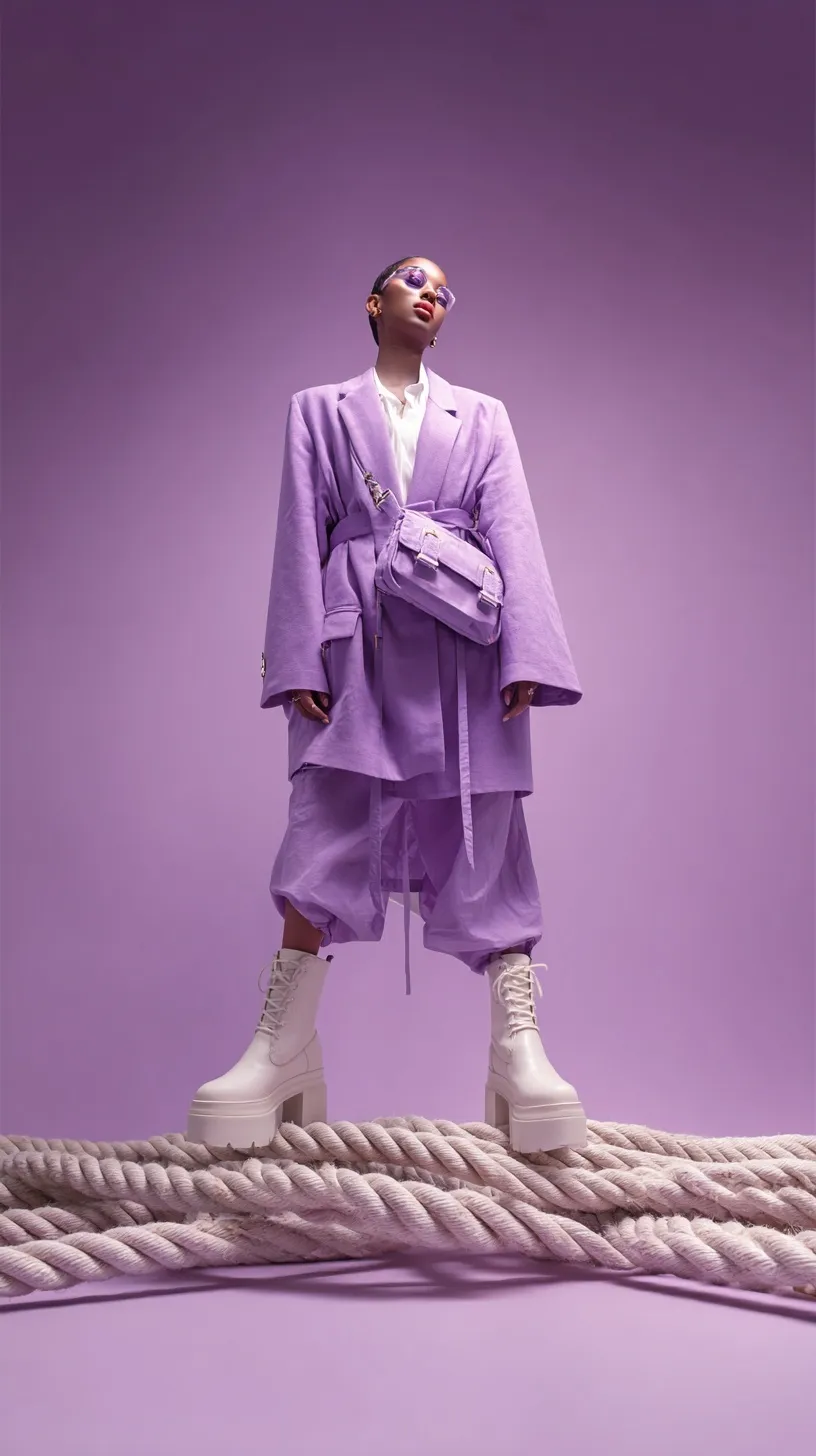 Model in an oversized lavender co-ord set with belt bag and chunky boots on a floating rope platform.