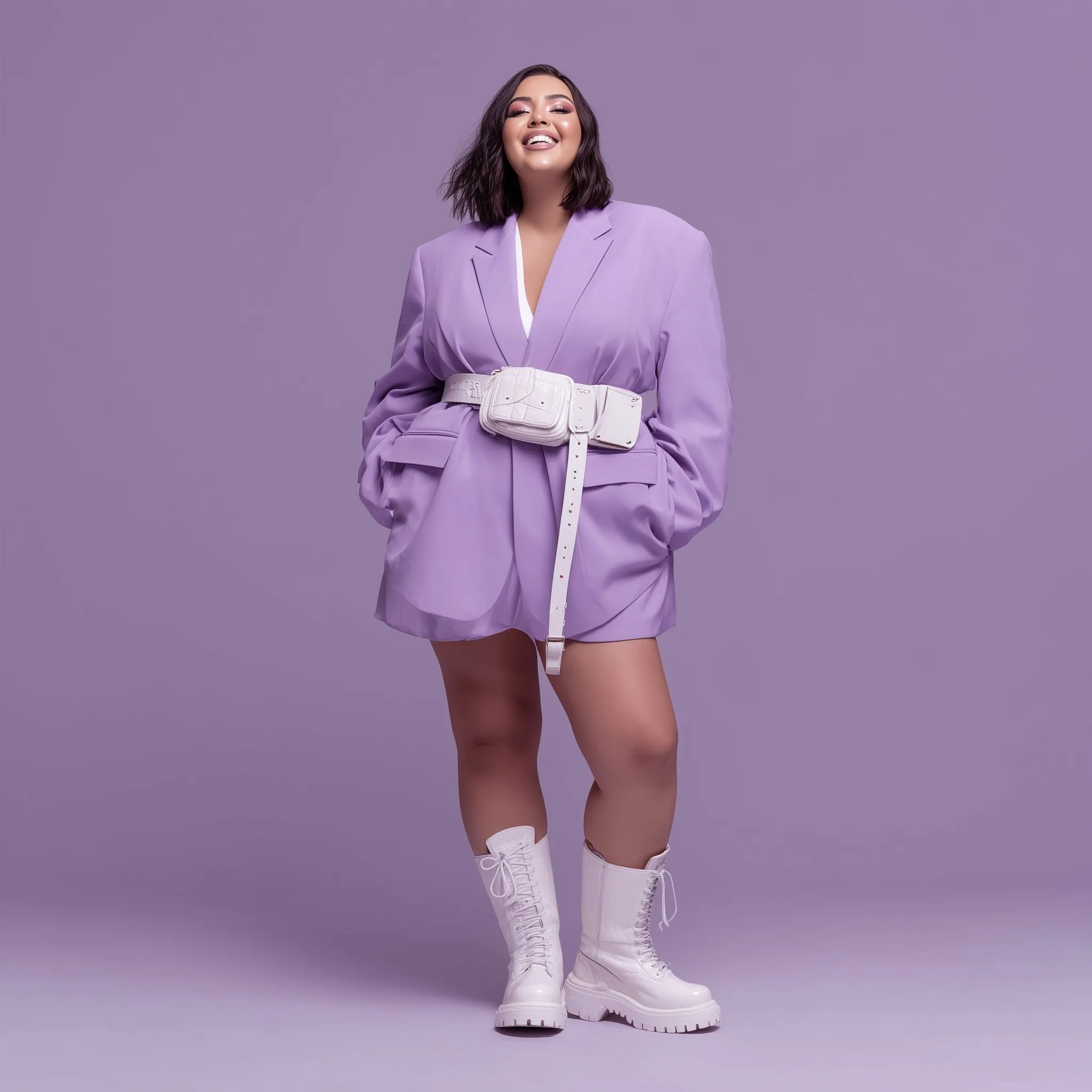 A smiling plus size model wearing an oversized lavender blazer co-ord set with a belt bag and white boots.