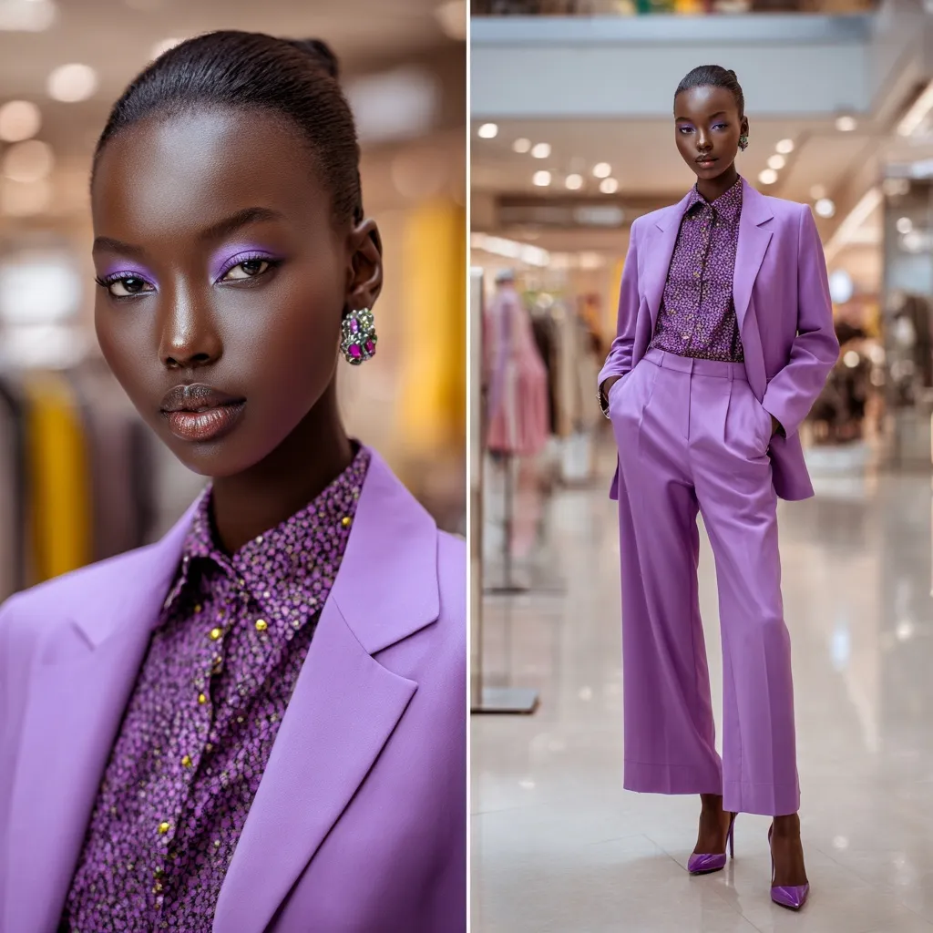 South Sudanese model wearing a stylish lavender co-ord set and heels in a modern fashion store.