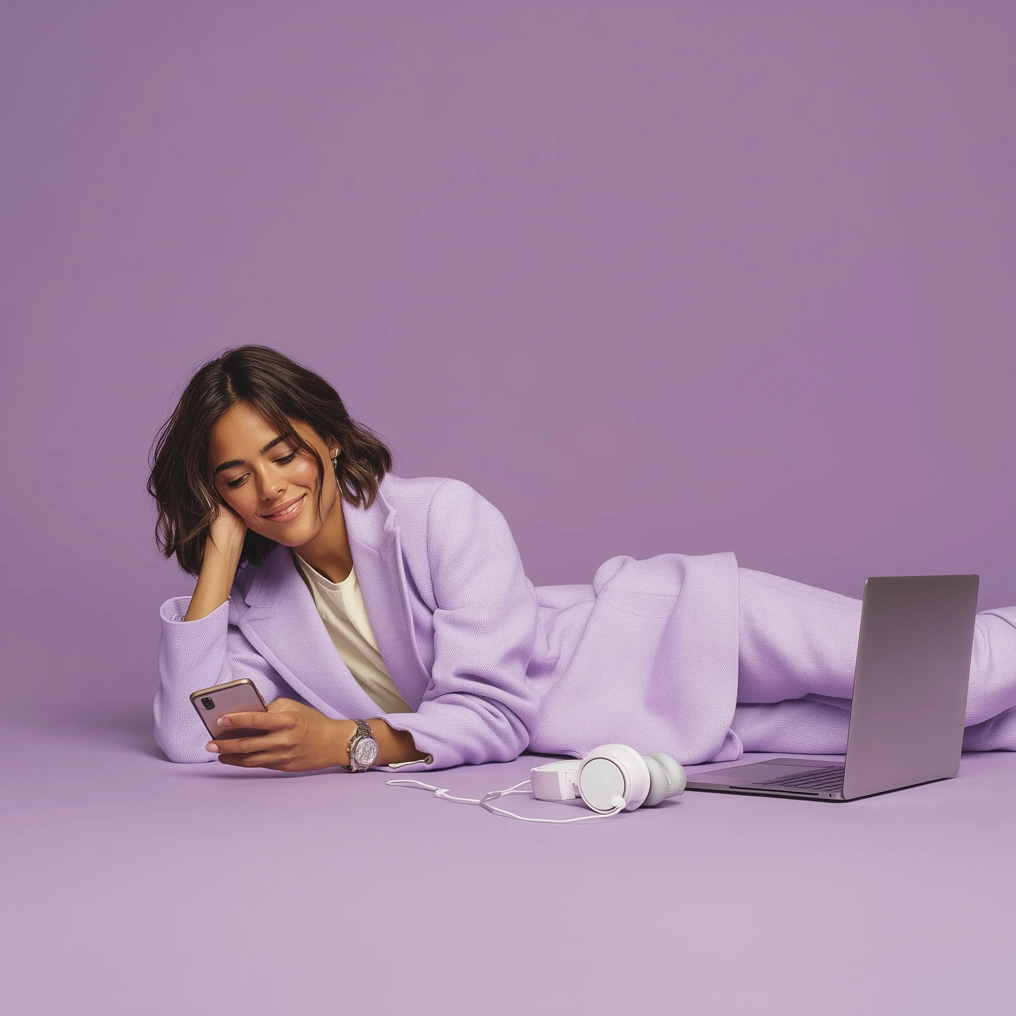 A young woman in a lavender co-ord blazer set using a smartphone while lying on a vibrant purple studio backdrop.