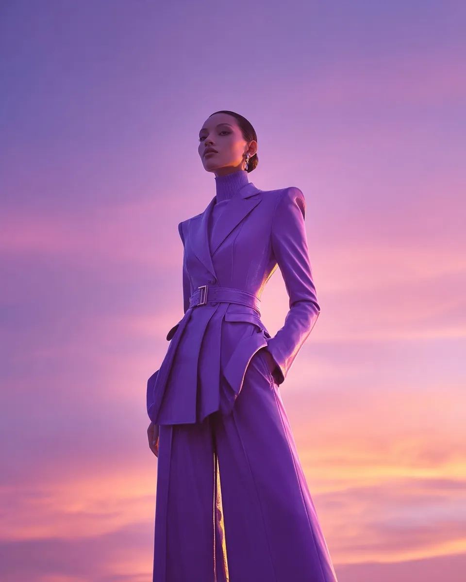 Elegant woman in a structured lavender co-ord set standing against a surreal sunset sky, Vogue editorial style.