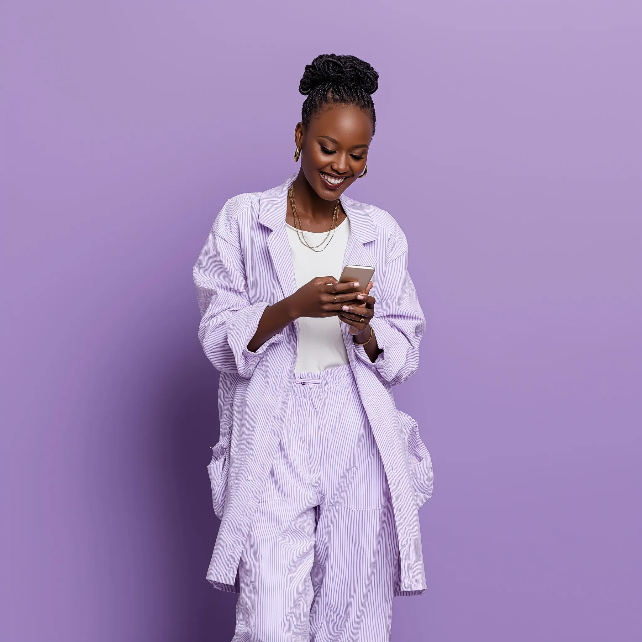 A smiling African woman in a white co-ord set texting in a minimal lavender-themed studio.