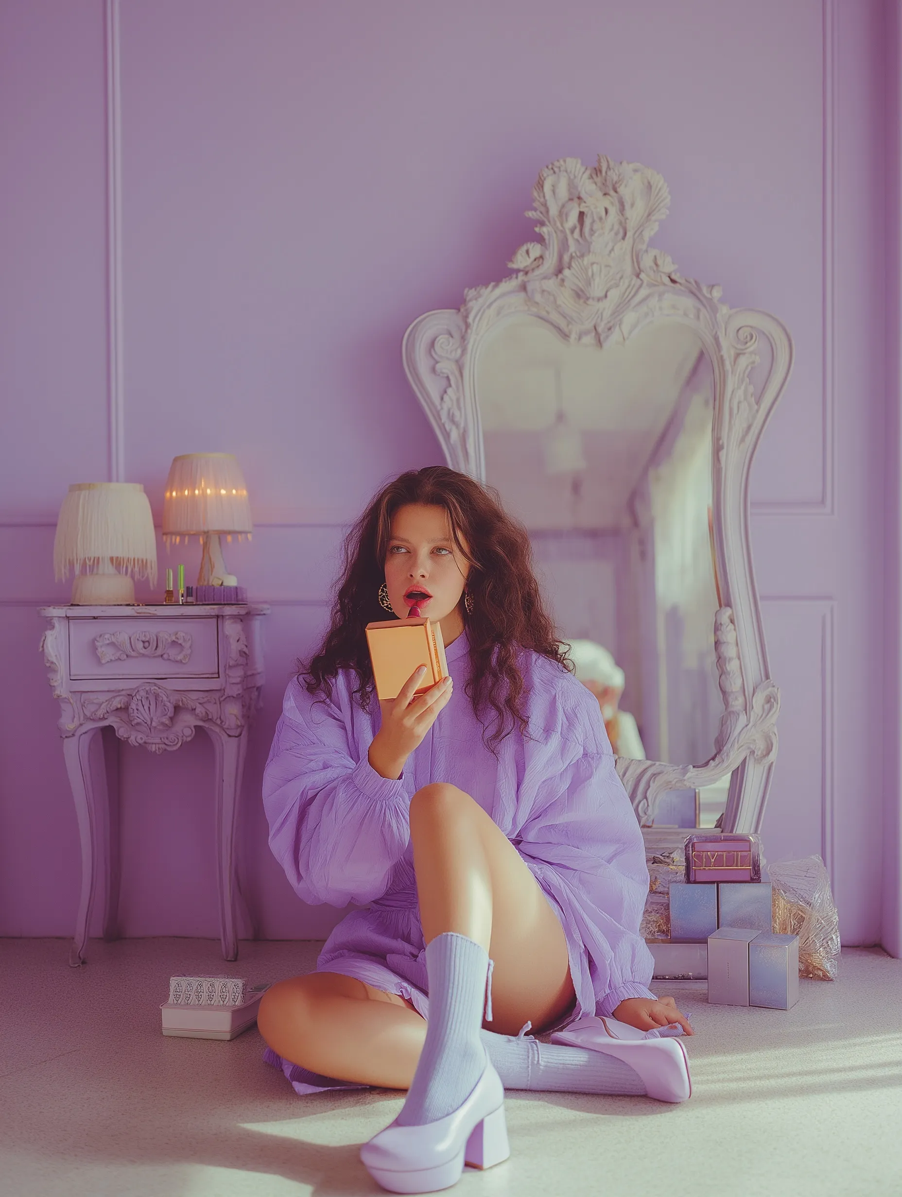 Stylish woman in lavender co-ord set applying makeup in a monochrome pastel room, cinematic fashion photography.
