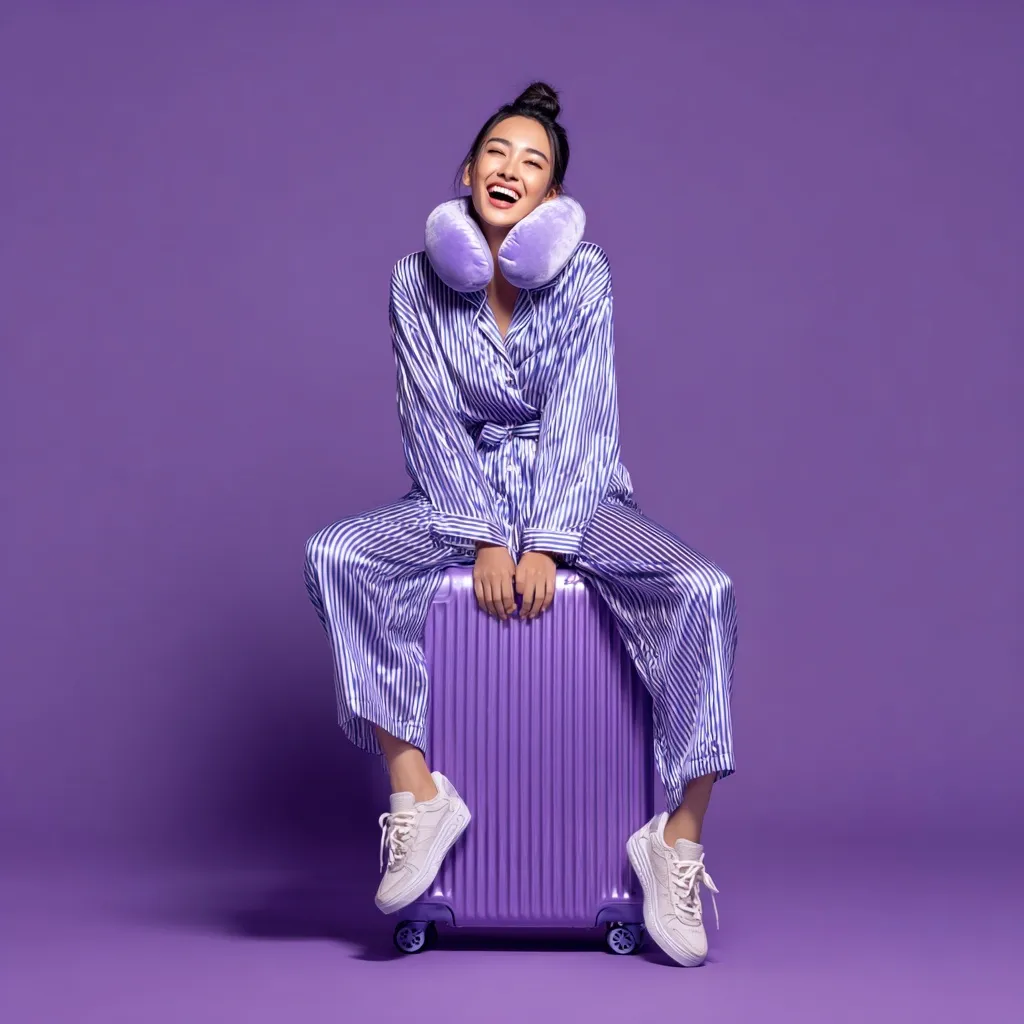 Asian female model in a silky lavender co-ord pajama set sitting on a purple suitcase in a fashion studio.