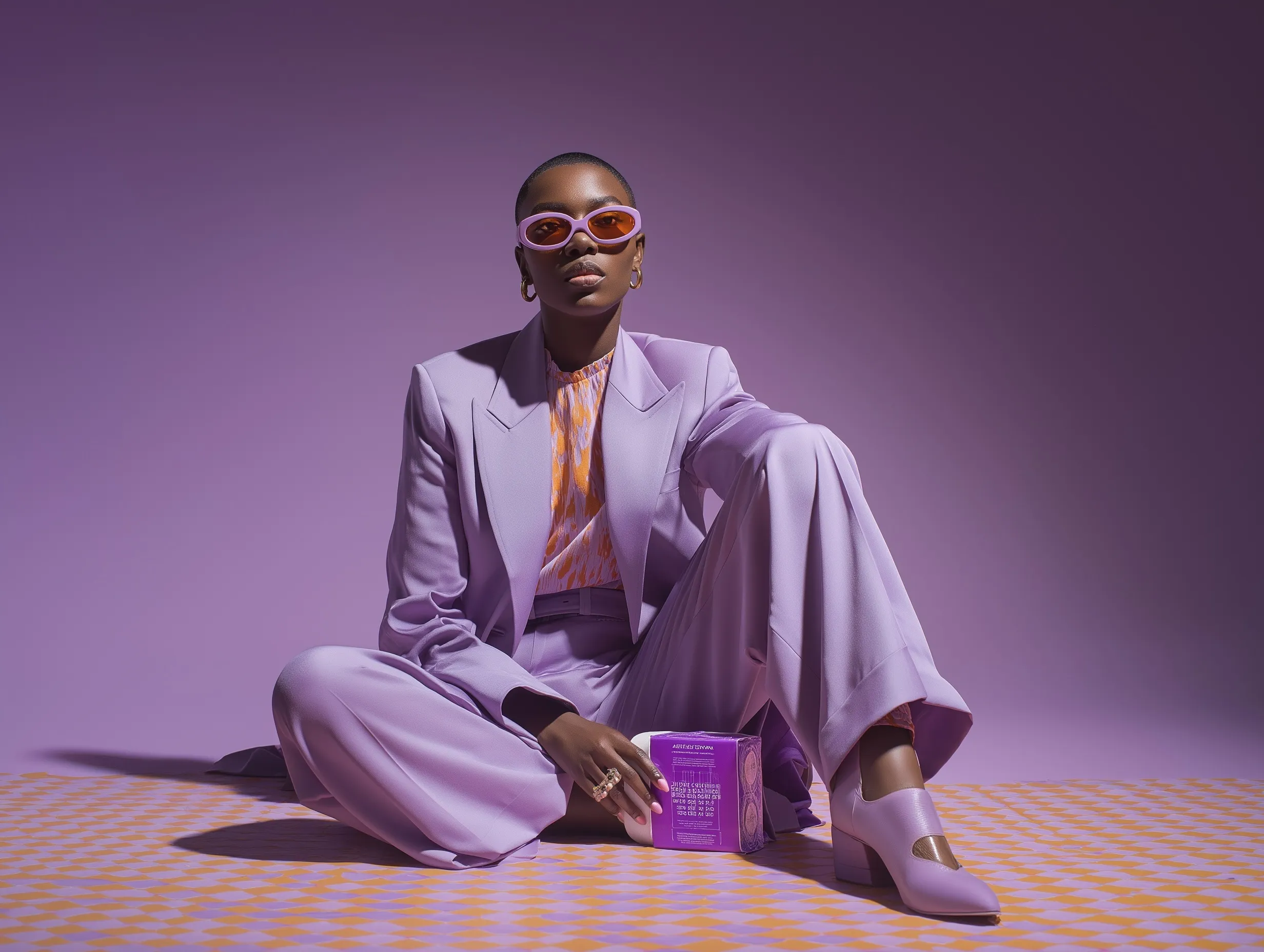 A stylish woman in a lavender co-ord set sitting on a tiled floor holding a purple toilet paper package.