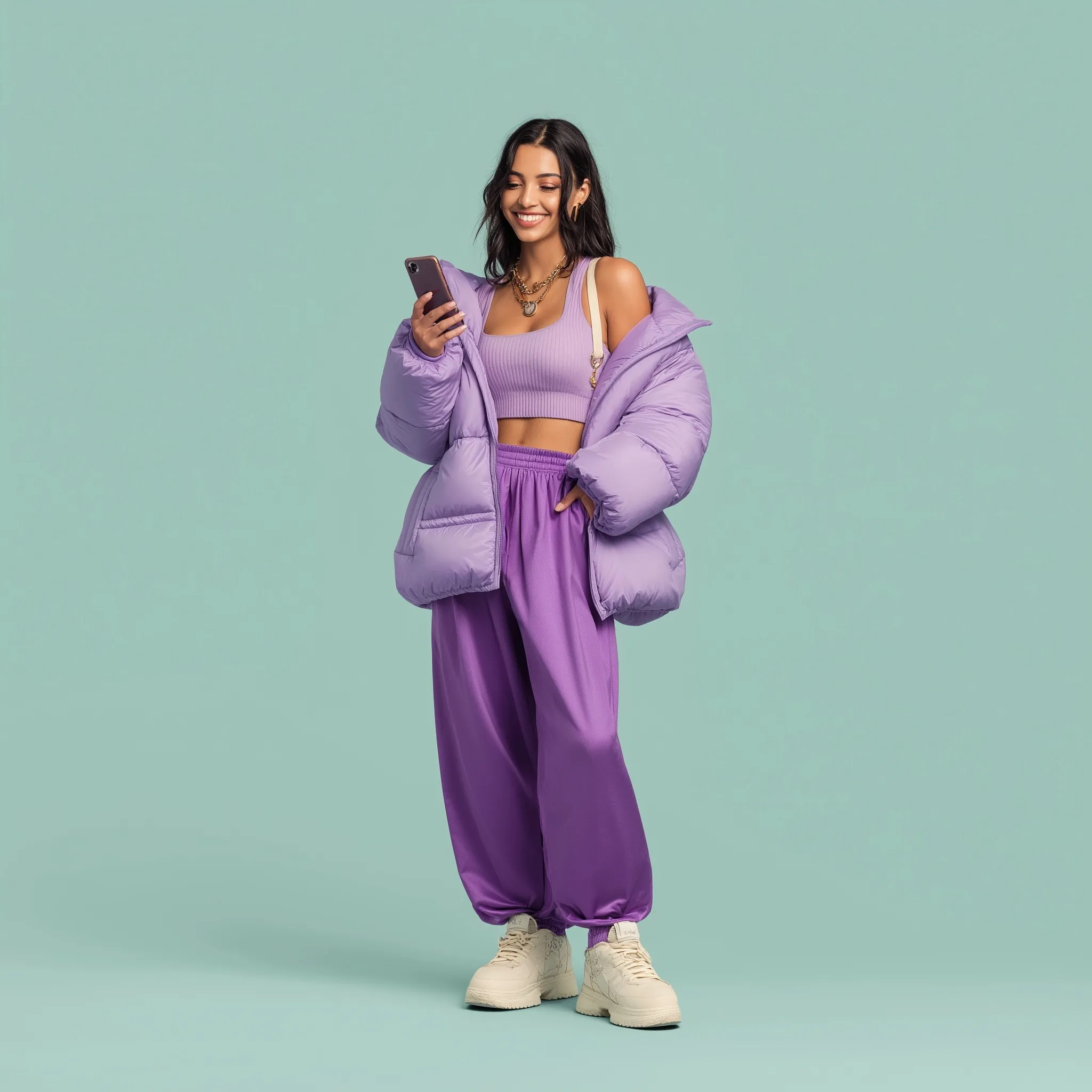 A young Latina woman in a stylish lavender co-ord set and bomber jacket smiling while using her smartphone.