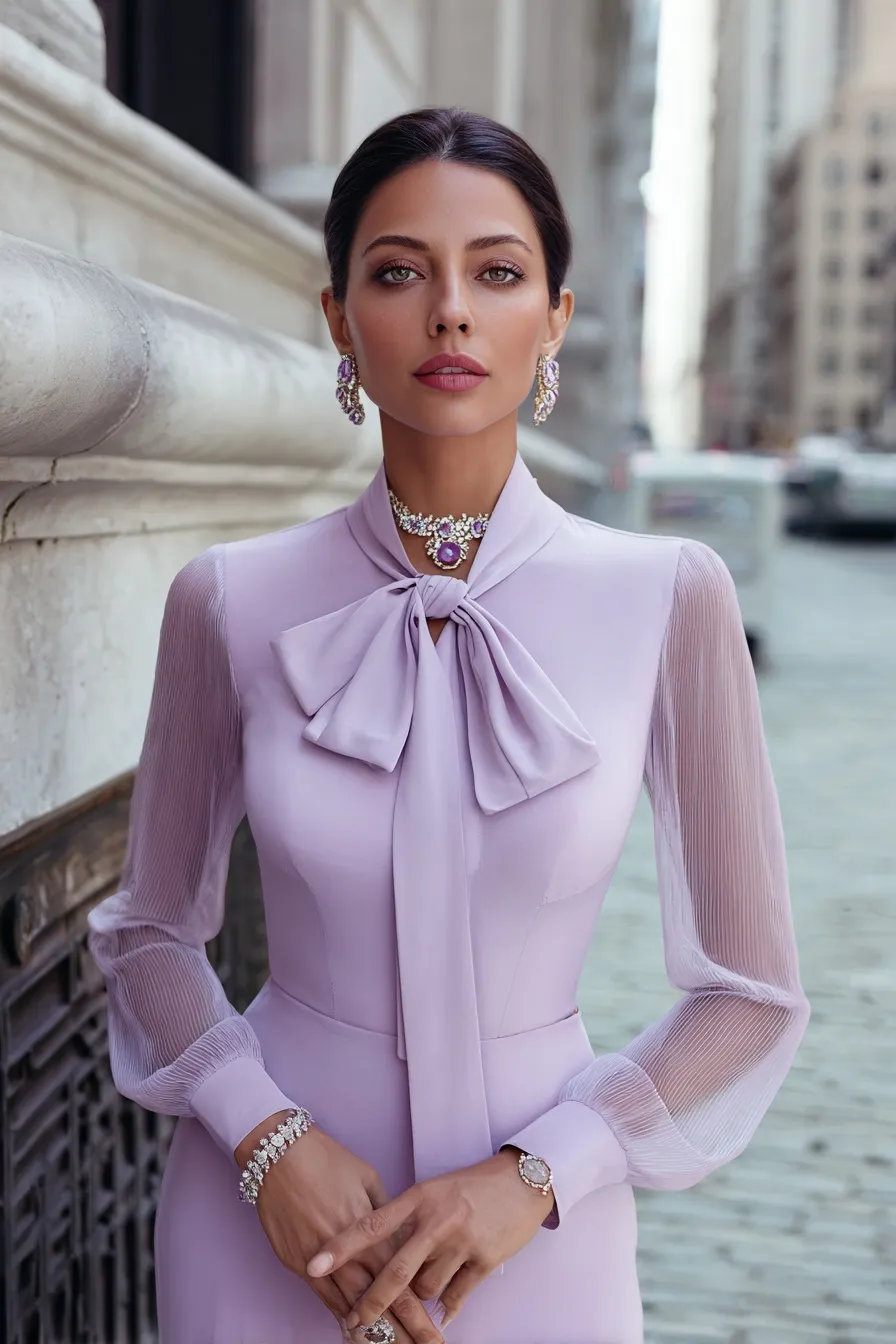 Elegant Italian woman in a stylish light purple lavender co-ord midi dress standing on an urban street.
