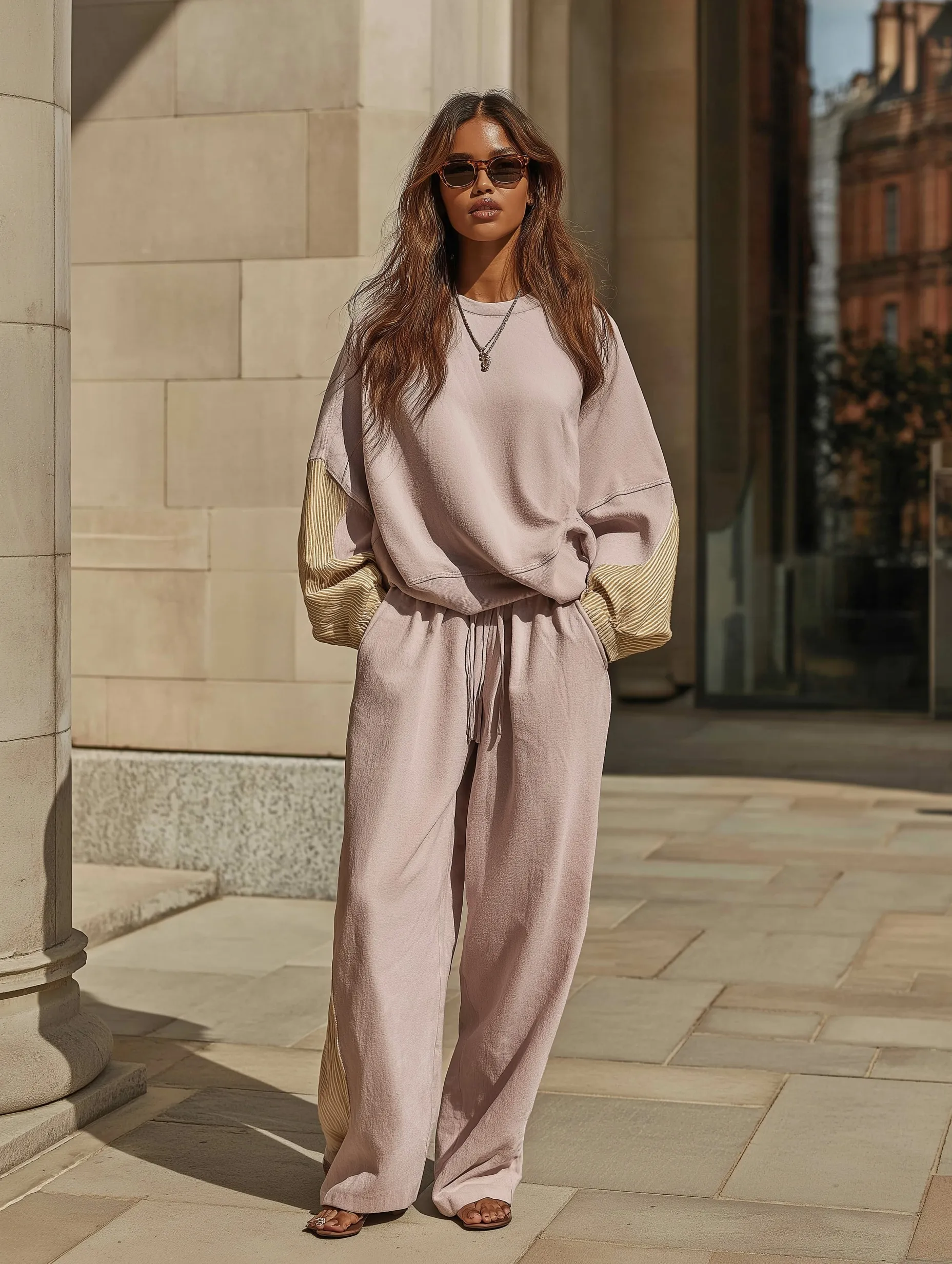 A woman in a soft pink oversized cotton co-ord set with beige-gold stripes standing on a clean urban street.