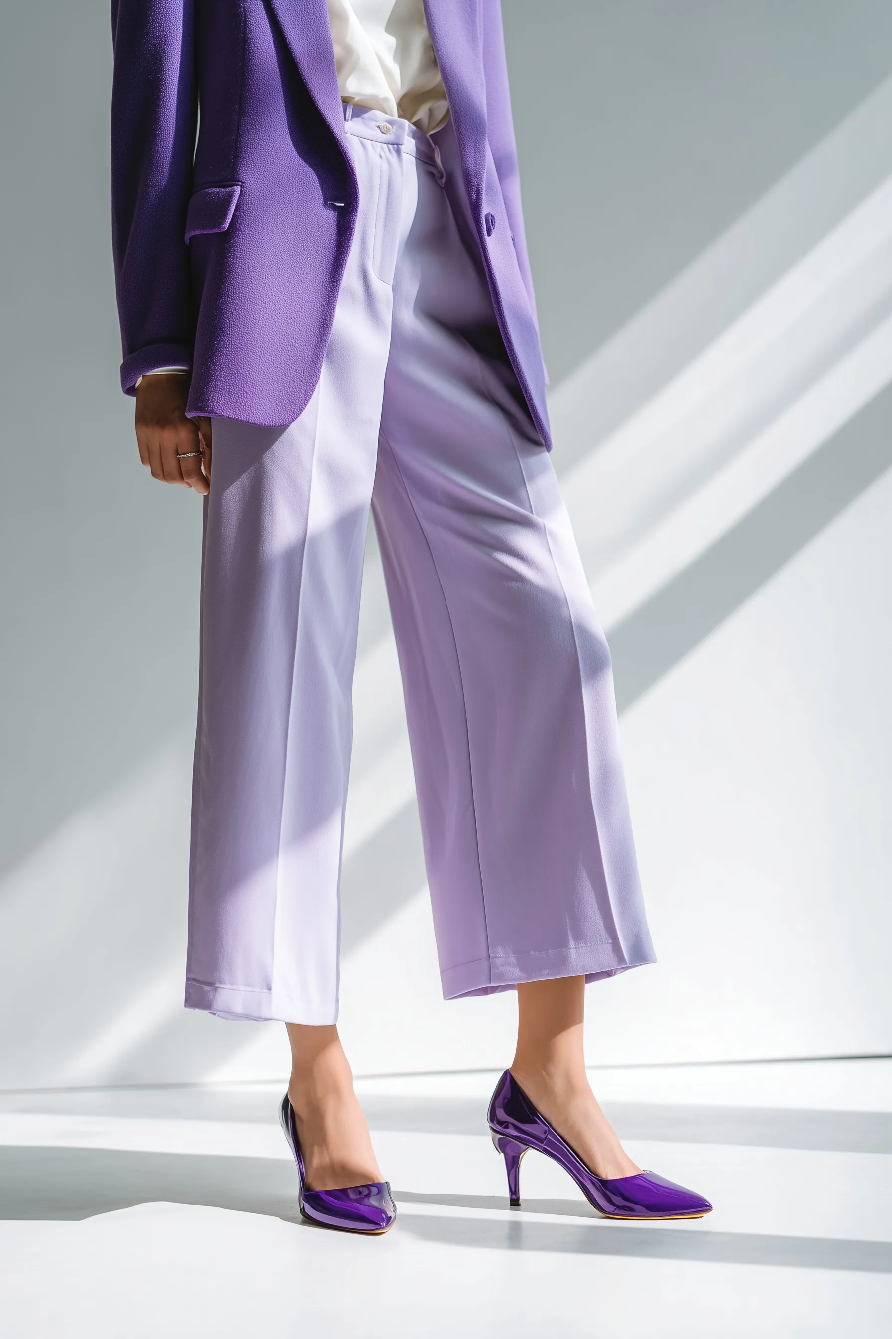 Stylish lavender co-ord set with lilac blazer, wide-leg pants, and purple heels on a white minimalist background.