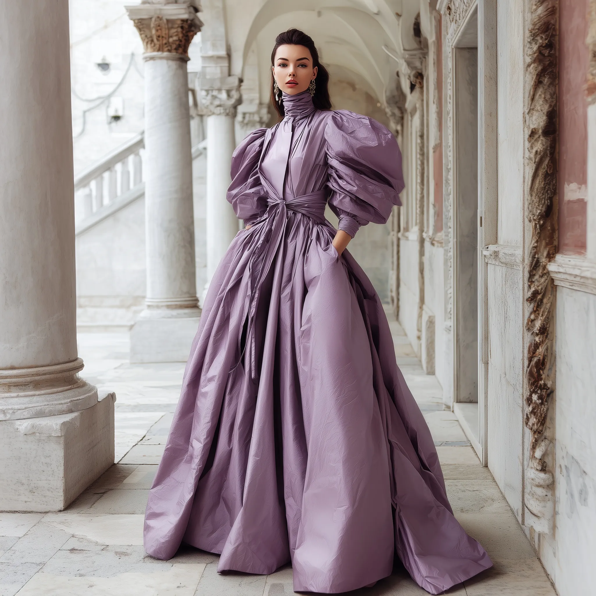 Architectural lavender metallic taffeta gown with oversized sleeves, worn by a model in a historic stone hallway.