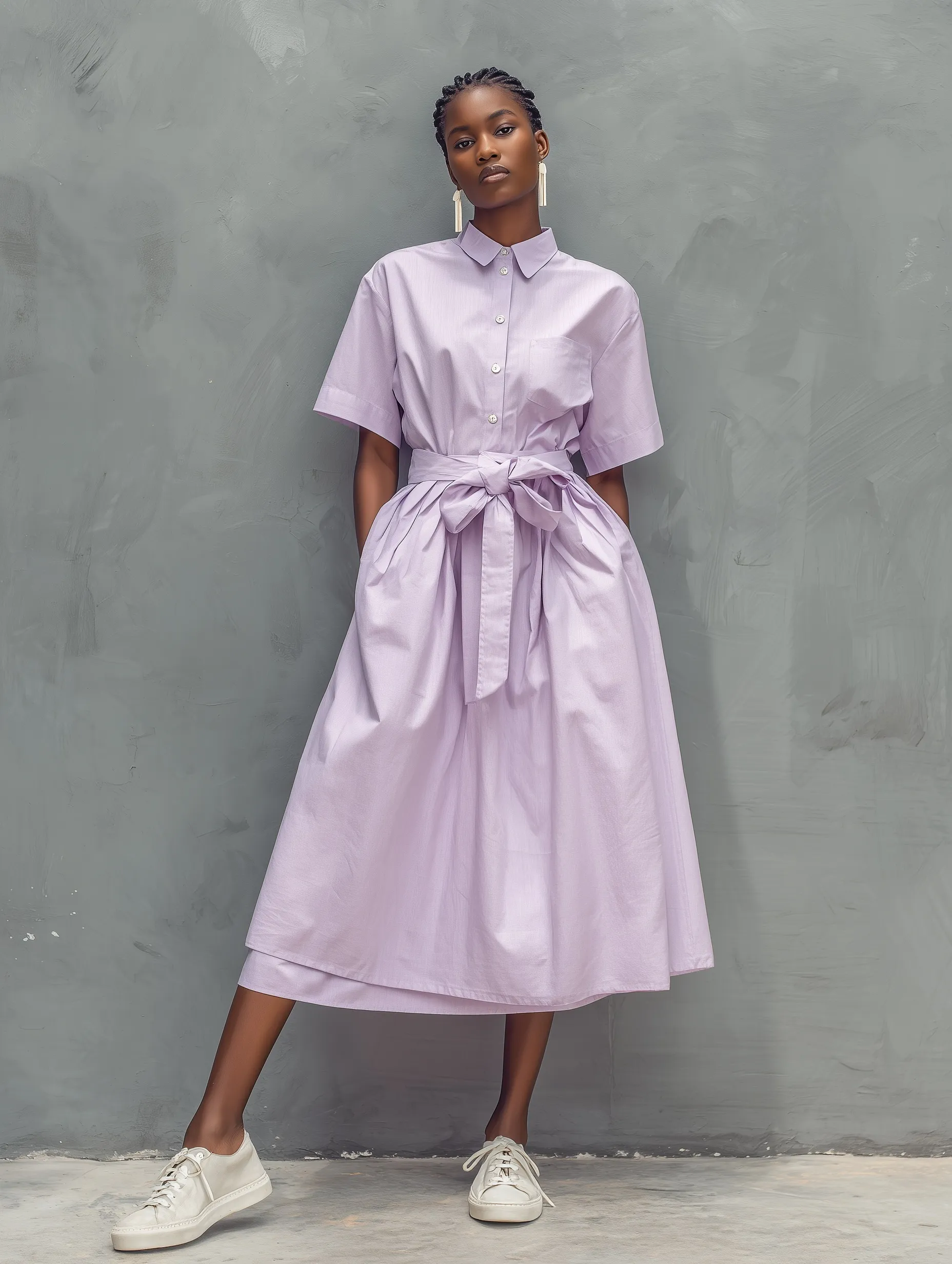 A woman wearing a lavender shirt dress with a waist belt and white sneakers, standing against a gray wall.