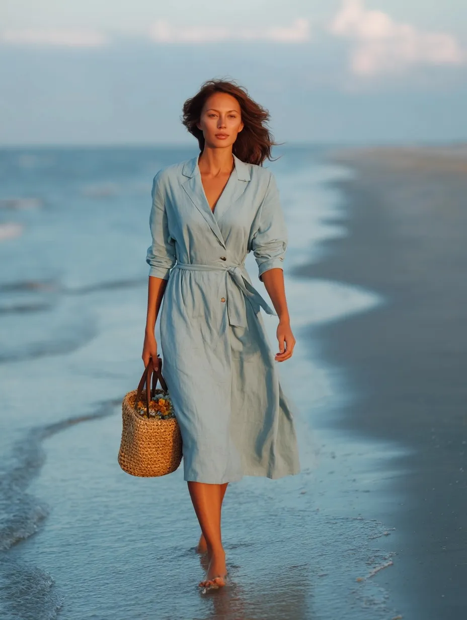 A graceful woman in a light blue linen wrap dress and straw tote bag walking along a quiet sandy beach.