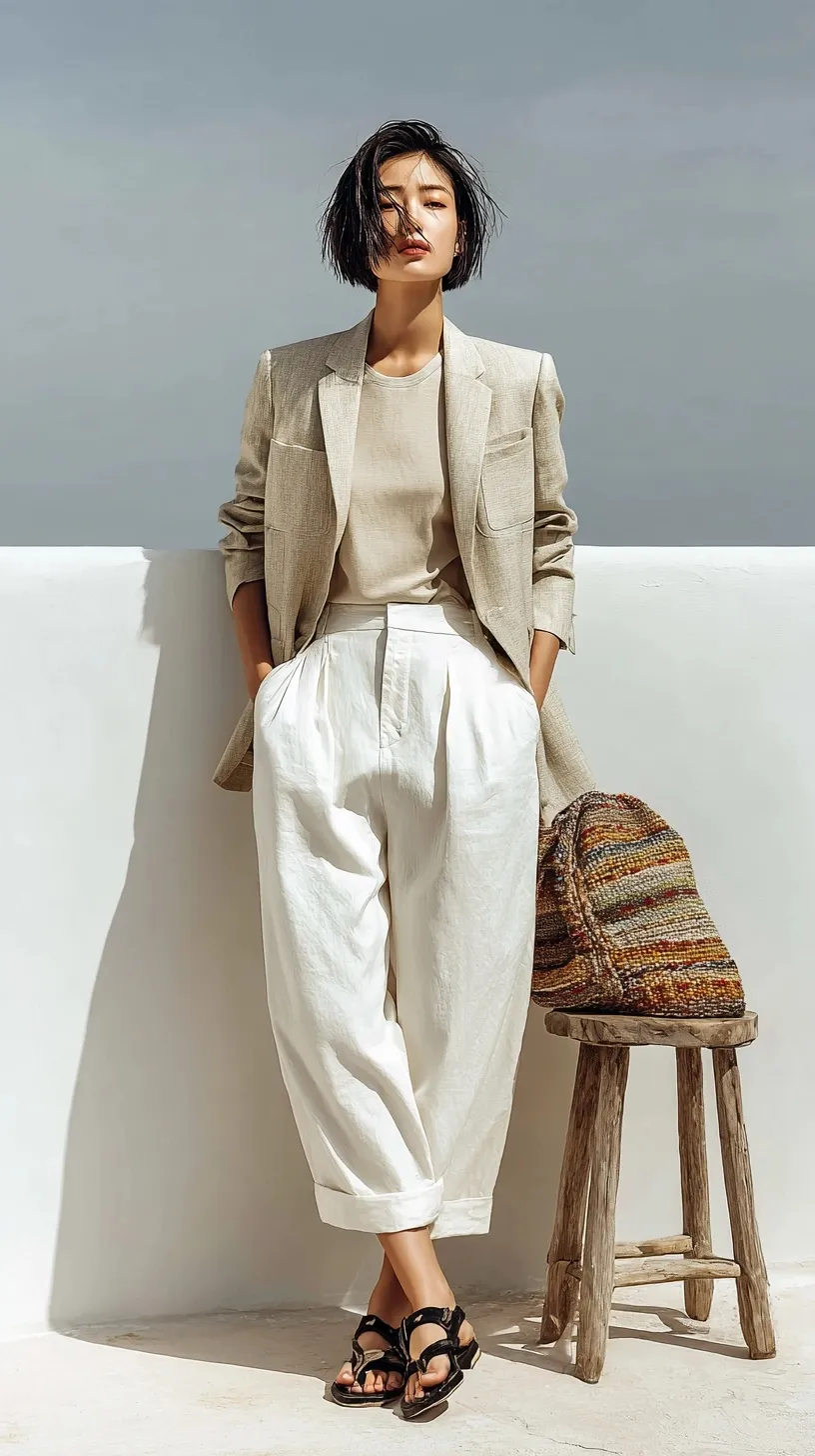 Minimalist woman in beige linen blazer and white wide-leg pants standing by a wooden stool in a studio.