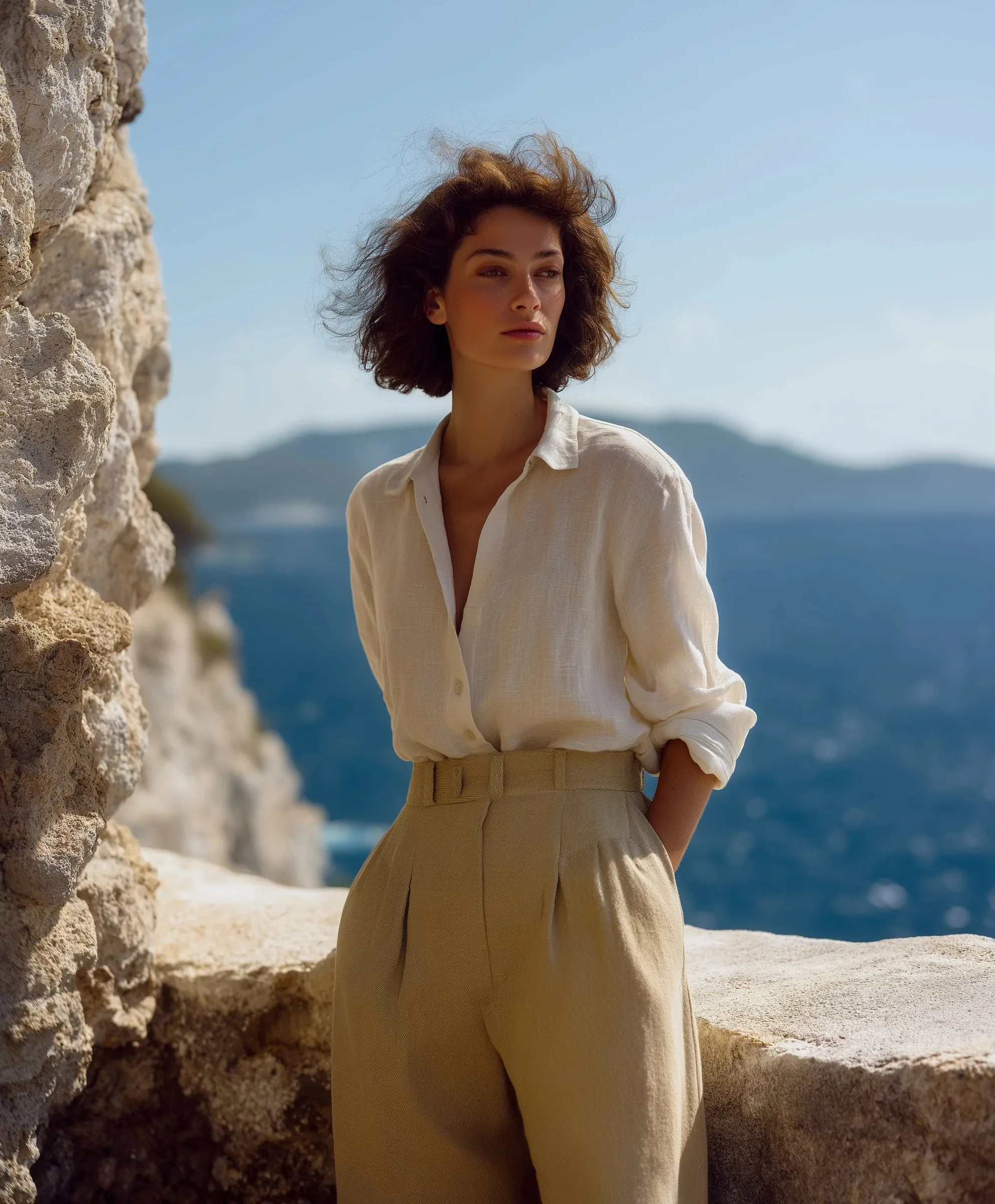 A model wearing a minimalist linen summer outfit standing against a Mediterranean coastline in golden light.