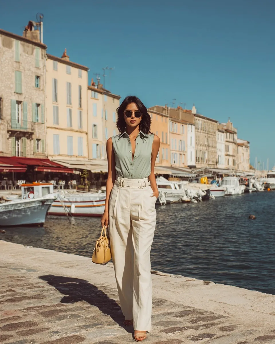 Stylish Japanese woman in a sage green linen shirt and cream wide-leg pants posing by a scenic French canal.