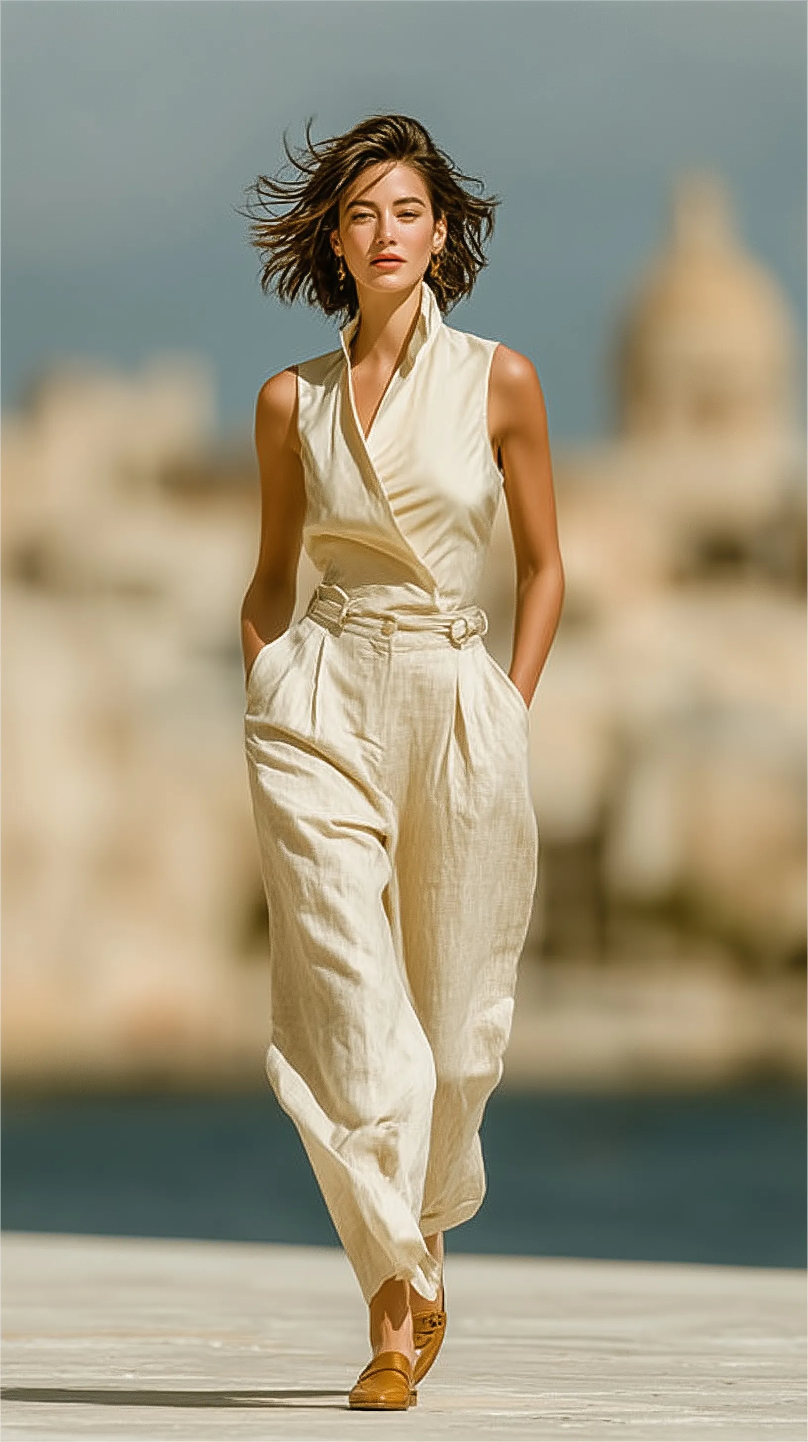 A beautiful woman in a minimalist linen summer outfit walking confidently on a sunny urban street.