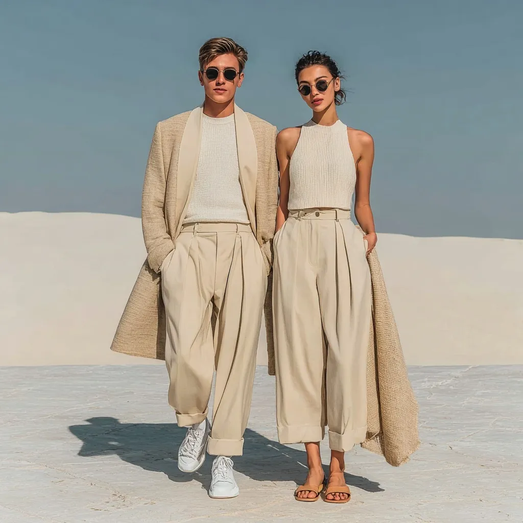 A stylish couple in coordinated ivory linen summer outfits posing against a clean white background.