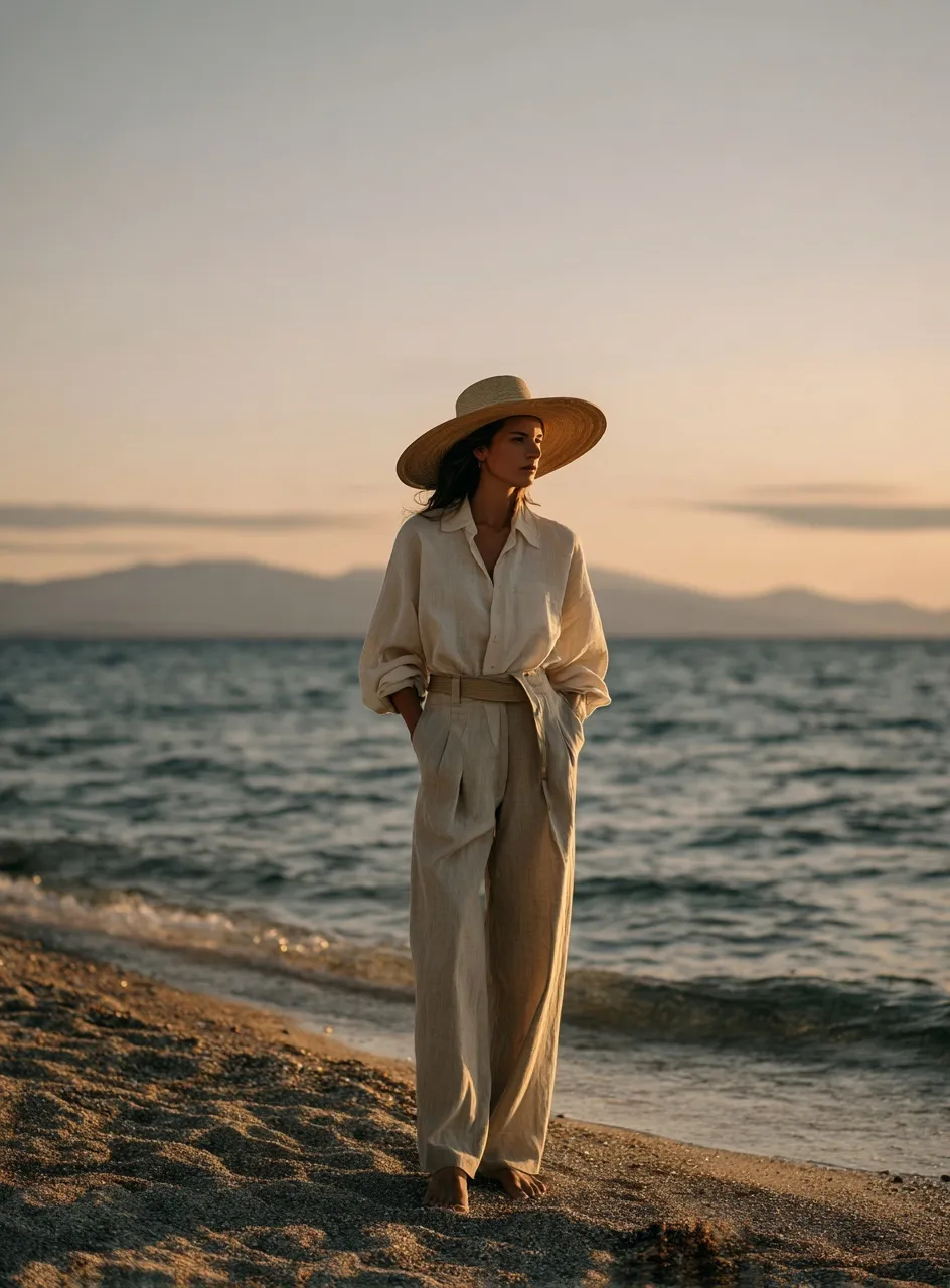 A woman wearing a beige linen summer outfit and wide-brimmed hat posing on a beach at sunset.