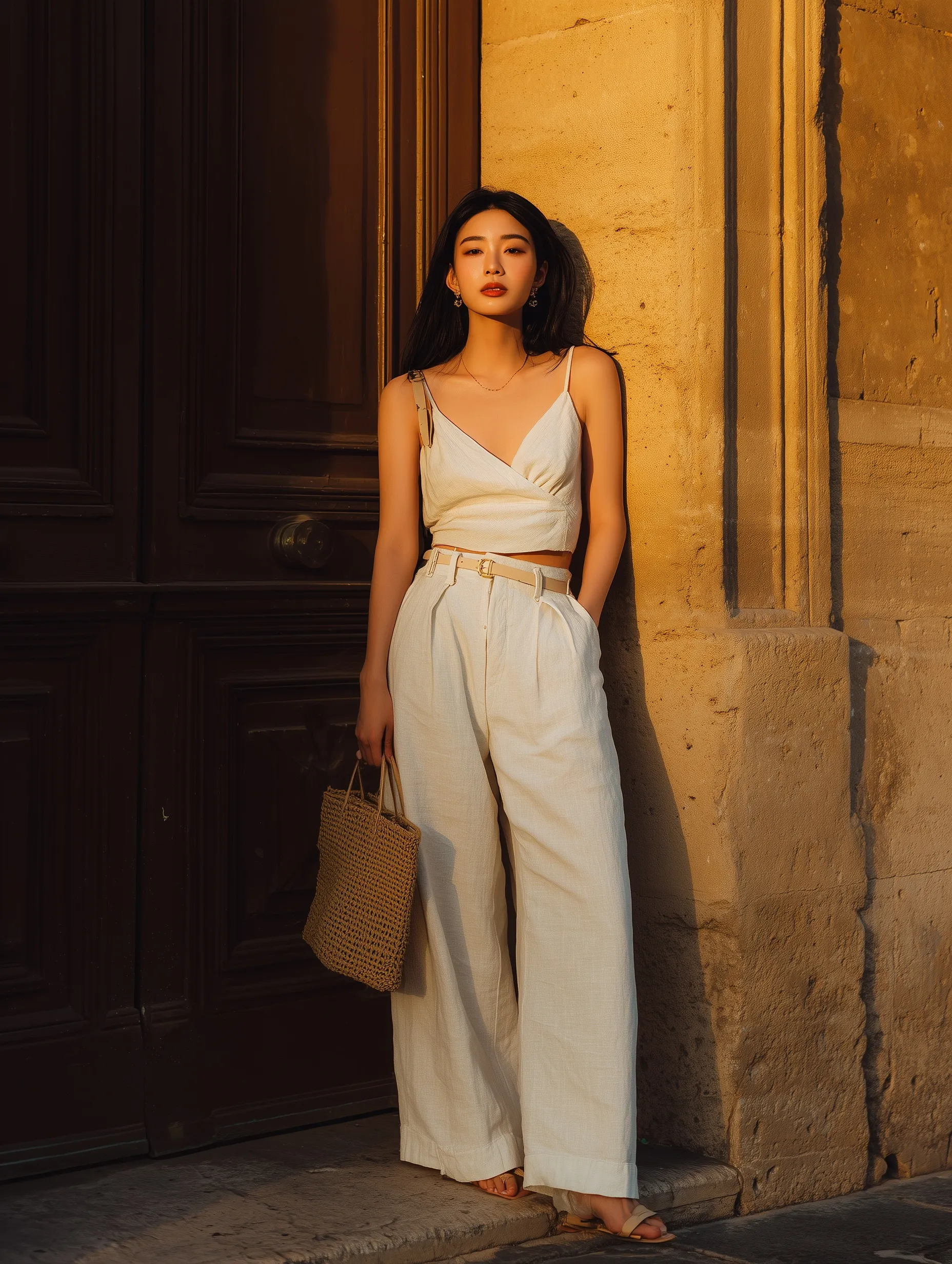 A 20-year-old Asian woman in a chic white linen summer outfit with a straw bag leaning against a European wall.