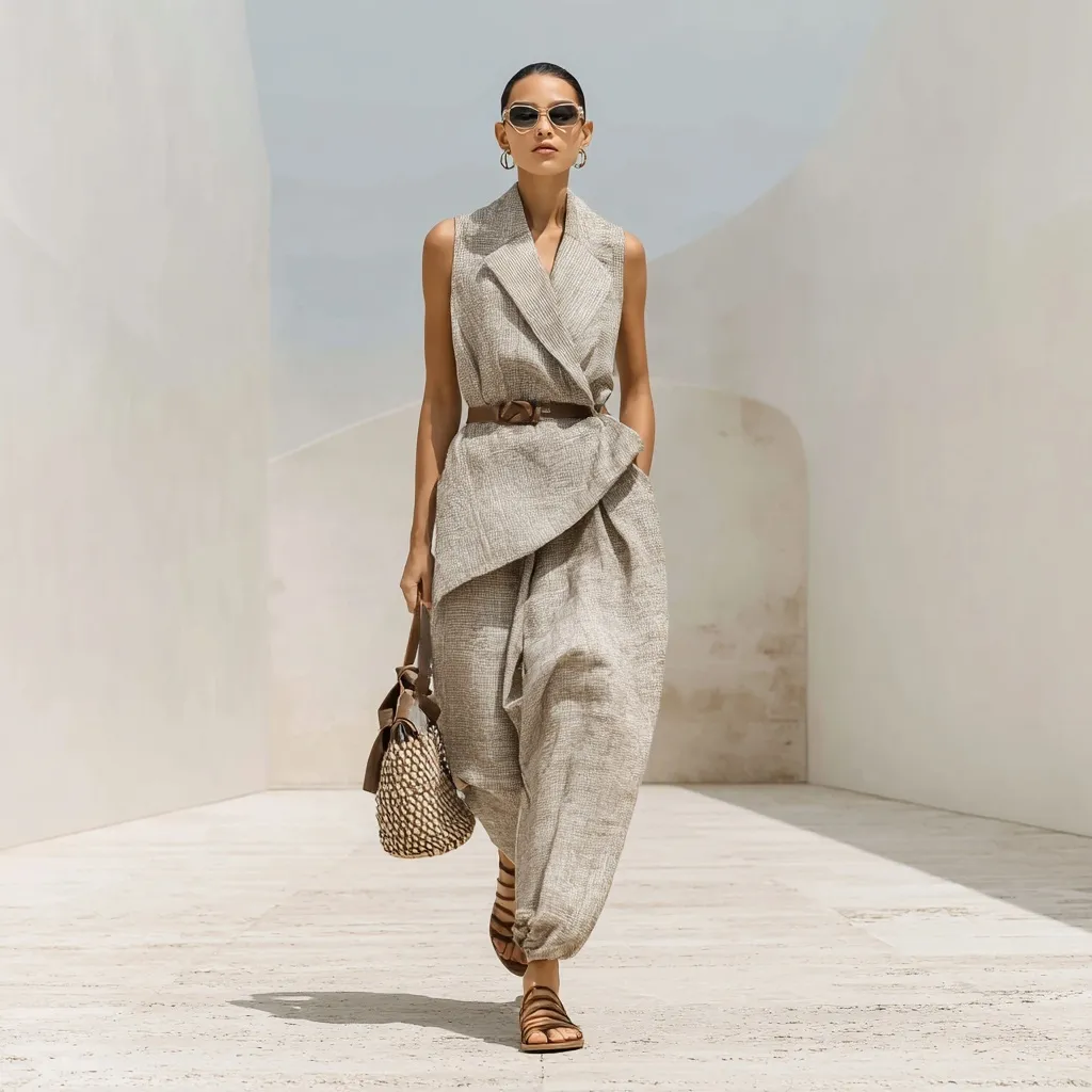 Fashion model in a linen asymmetrical dress and woven bag, blending Parisian minimalist style with Colombian craft.