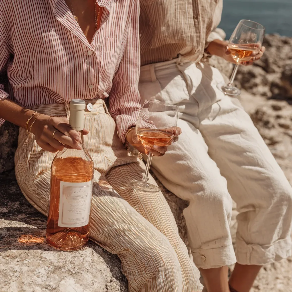 Two people in summer linen outfits holding rosé wine in a sunny, natural outdoor setting.