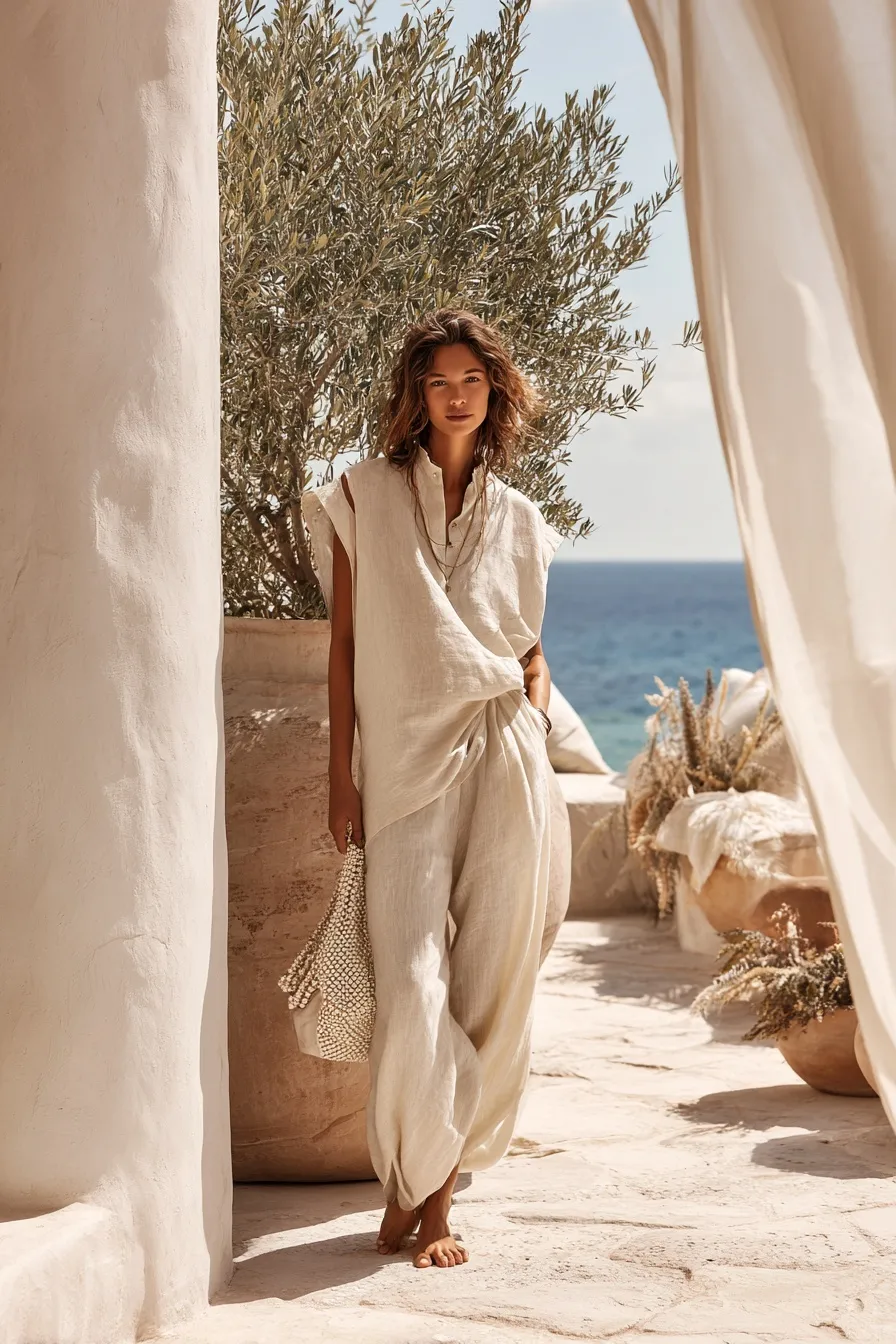 Stylish woman in a linen summer outfit posing on a sunlit Mediterranean terrace by the sea.
