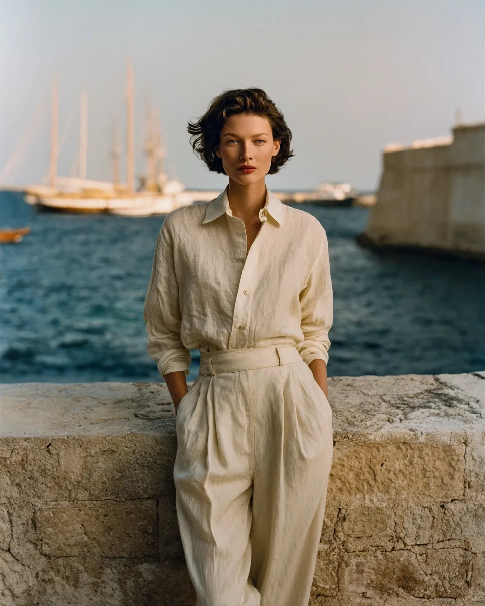 Elegant woman in a minimalist linen outfit standing by a Mediterranean stone wall during golden hour.