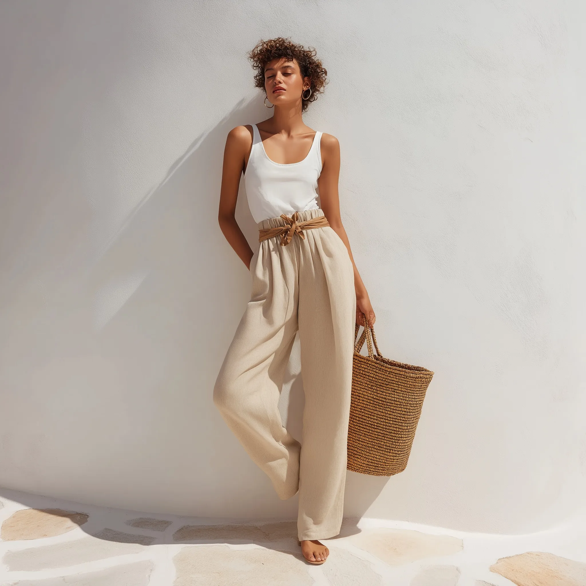 A 35-year-old woman in a beige linen outfit and straw bag posing elegantly on a sunlit terrace.