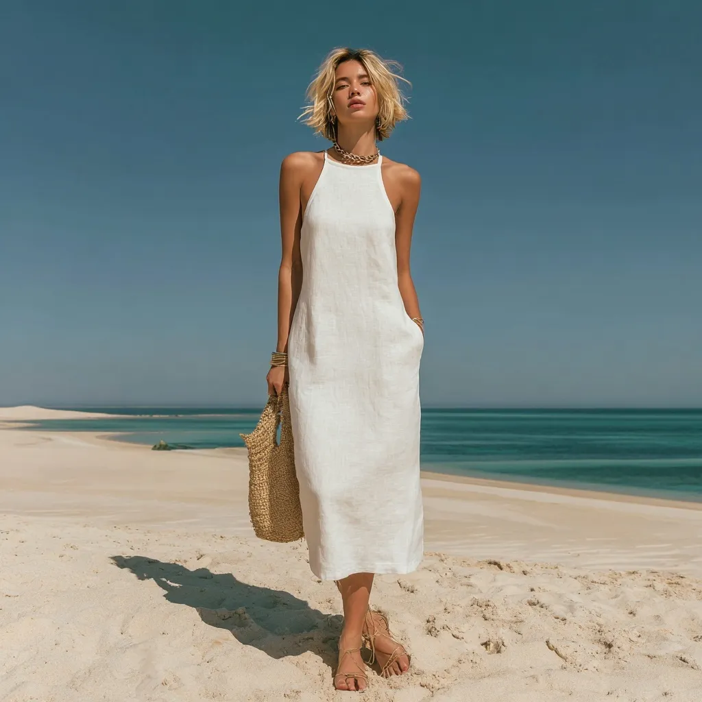 A blond woman wearing a minimalistic white linen midi dress in a simple beach-style outfit, full body shot.