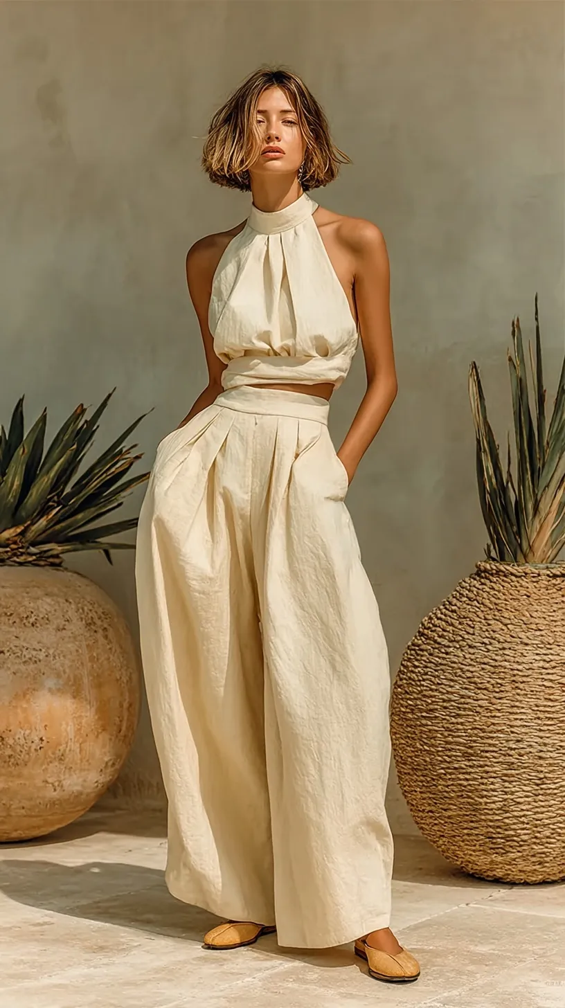 A young woman in an elegant off-white linen summer dress standing against a textured earthy background.