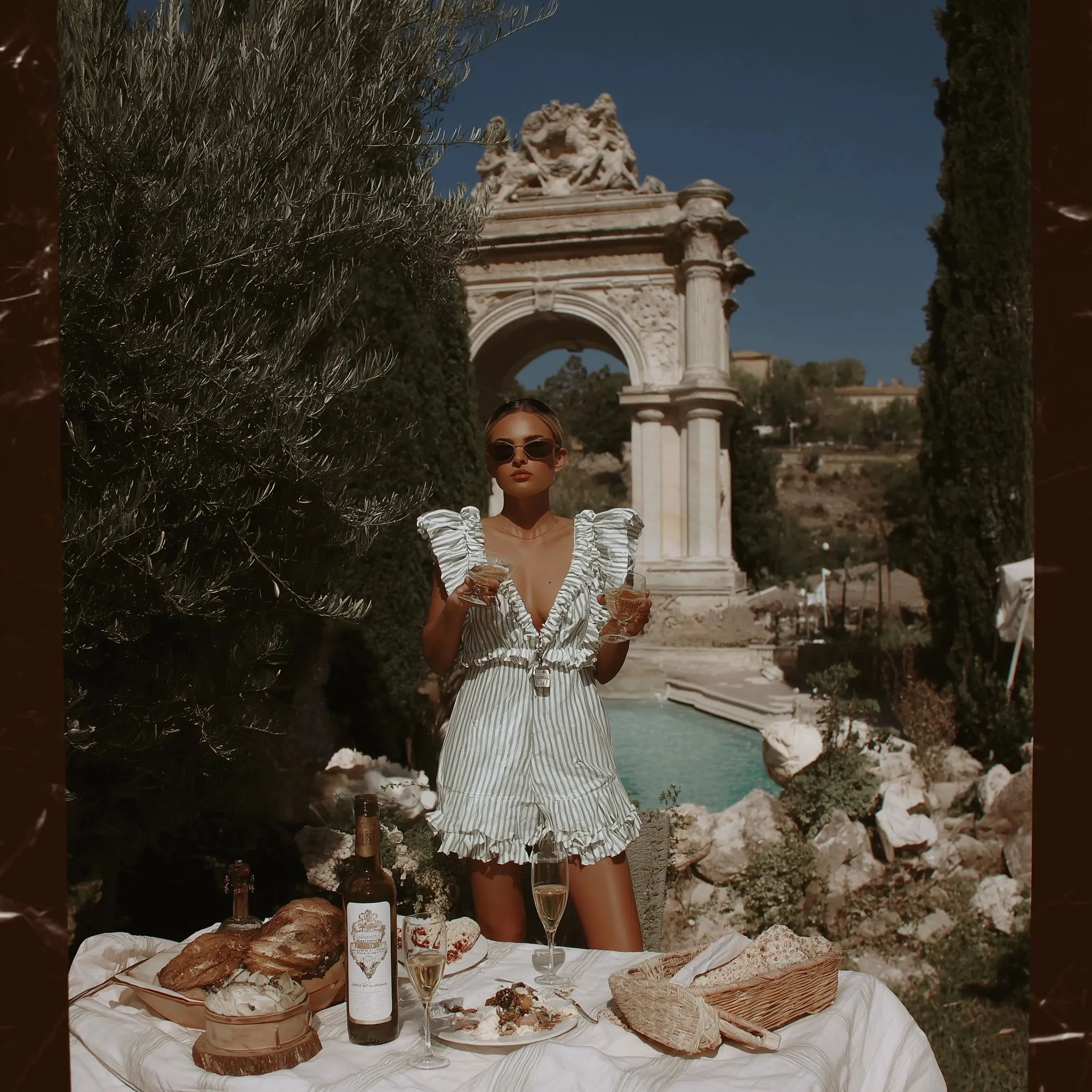 A stylish person wearing a lightweight linen summer outfit while strolling through historic Roman streets.