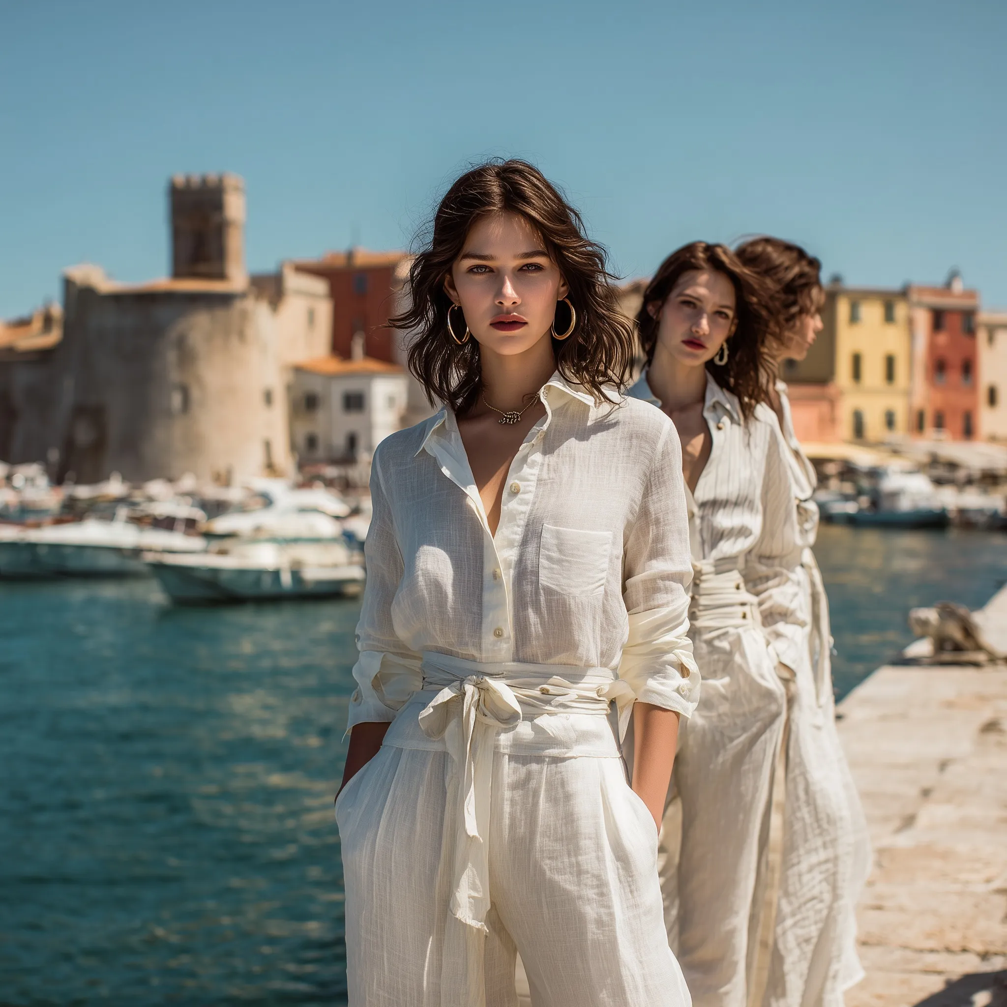 A model wearing a stylish linen summer outfit during a fashion editorial shoot at a Mediterranean harbor.