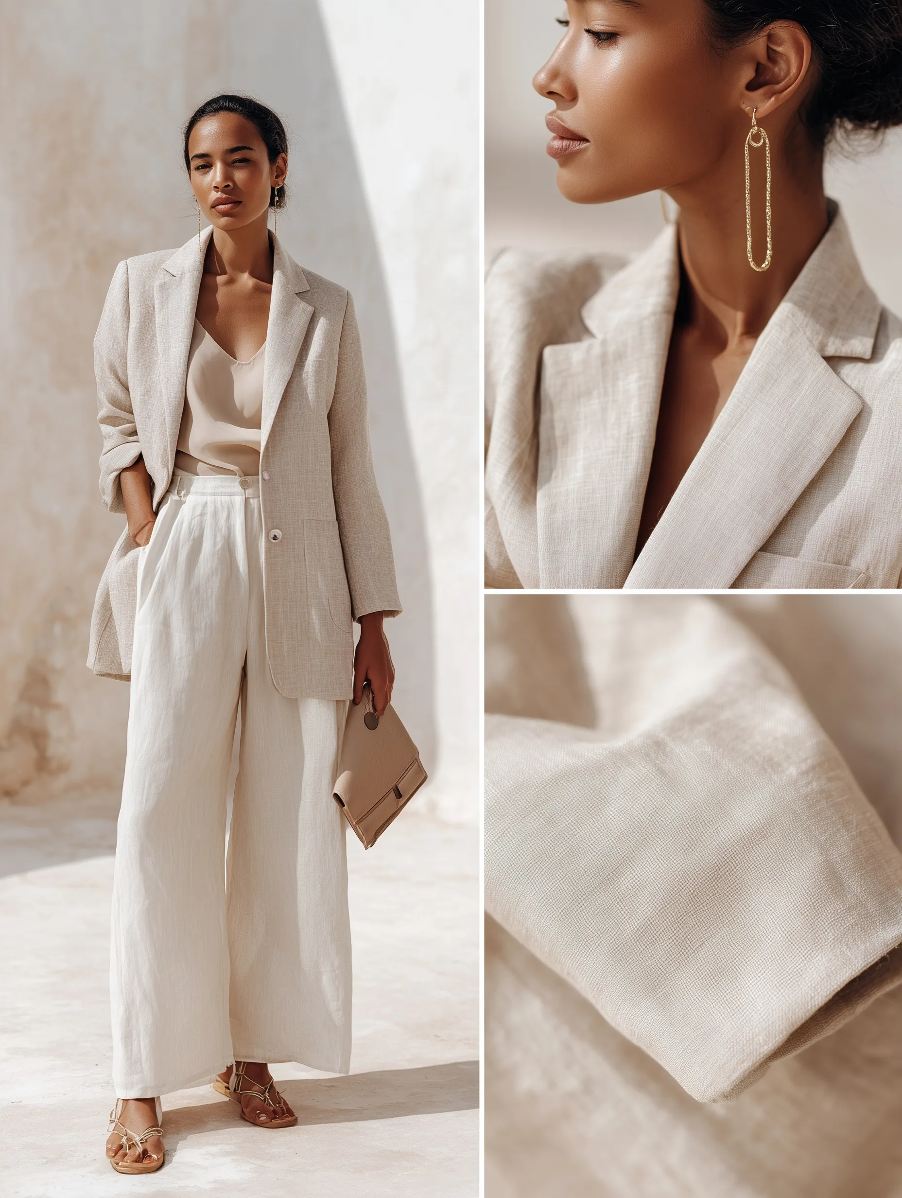 Elegant model in a minimalist cream linen blazer and trousers, captured in soft golden hour light.