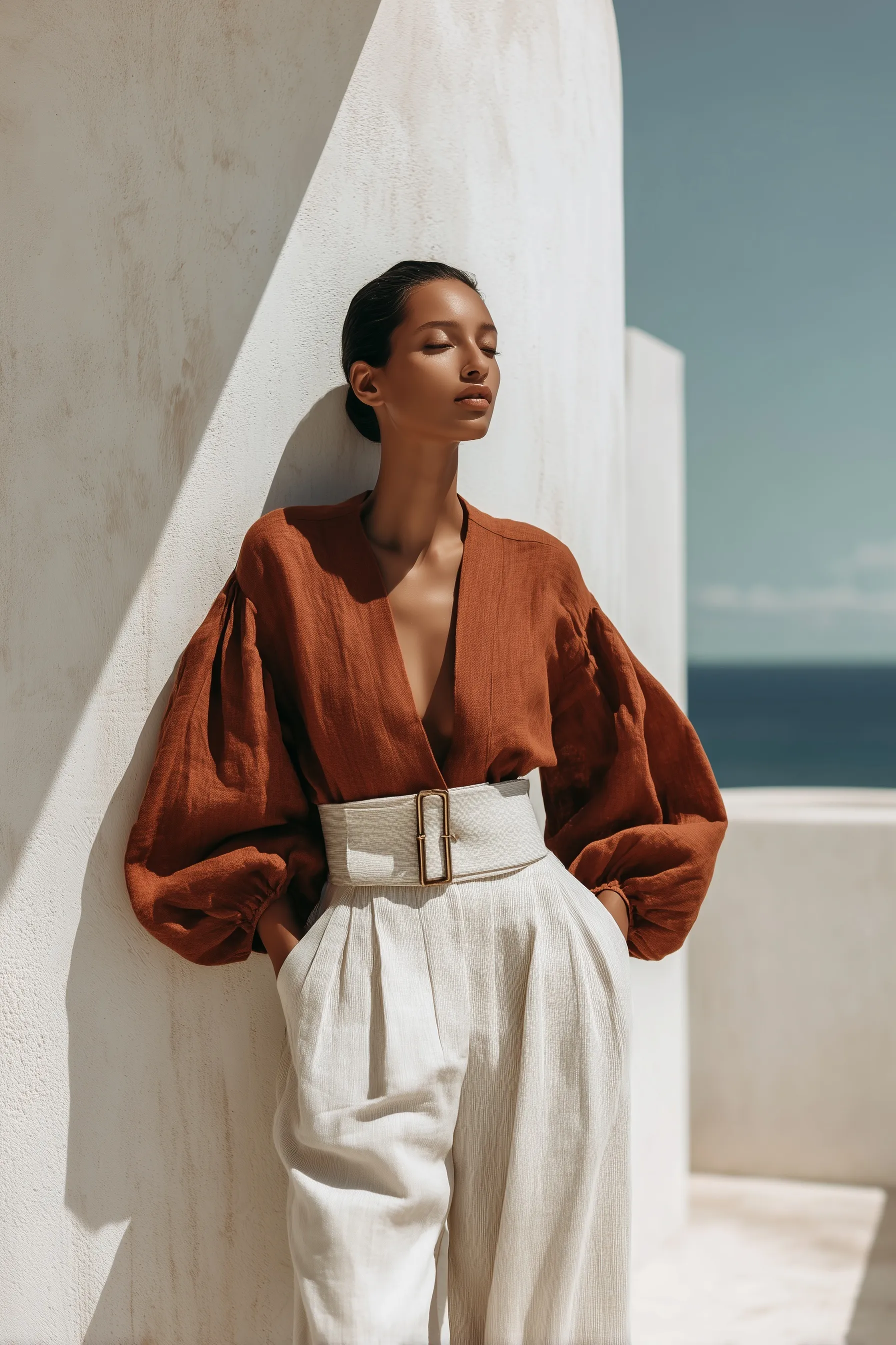 Minimalist linen outfit with terracotta balloon-sleeve blouse and pleated trousers in a clean architectural setting.